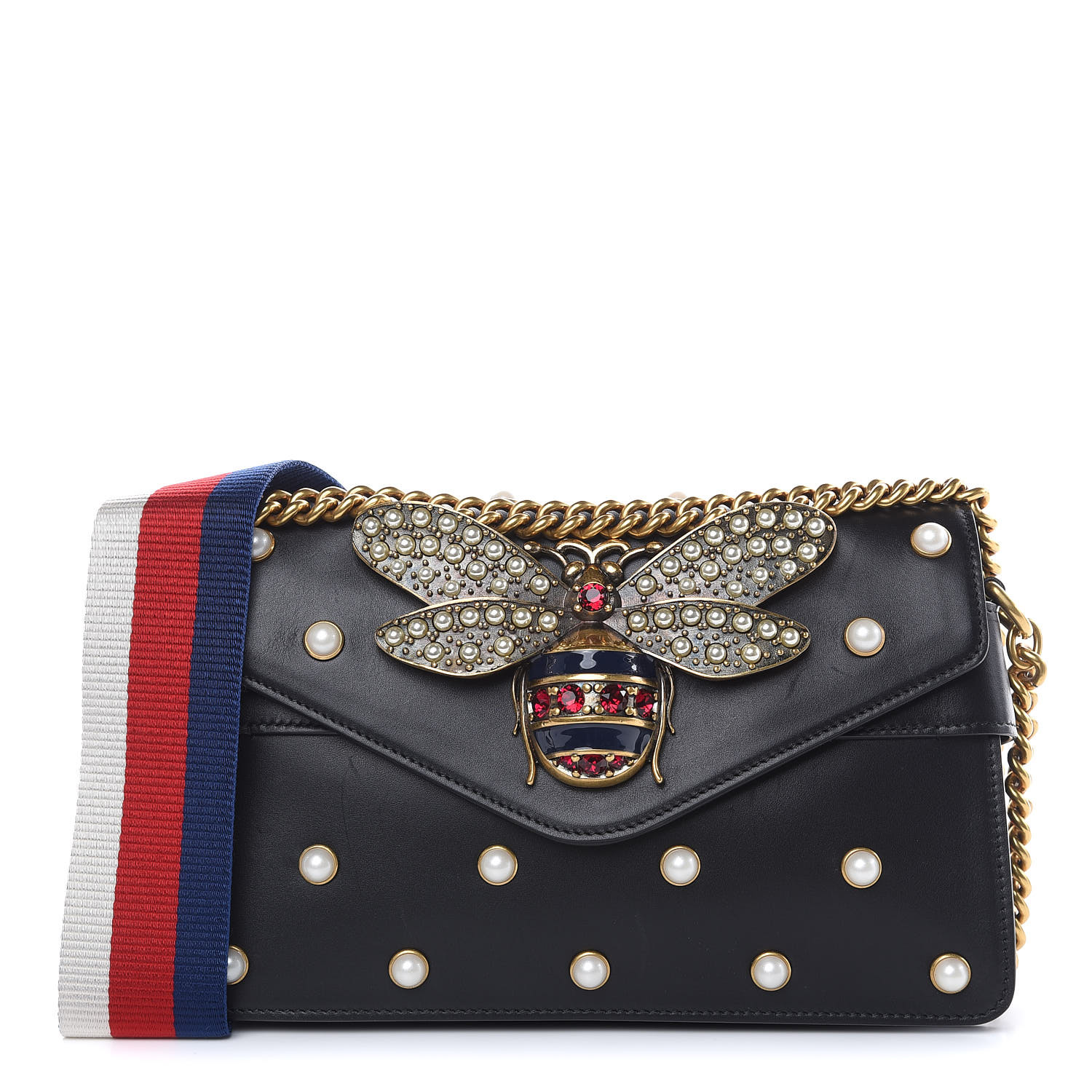 GUCCI Calfskin Pearl Studded Mini Broadway Bee Bag Black 463080