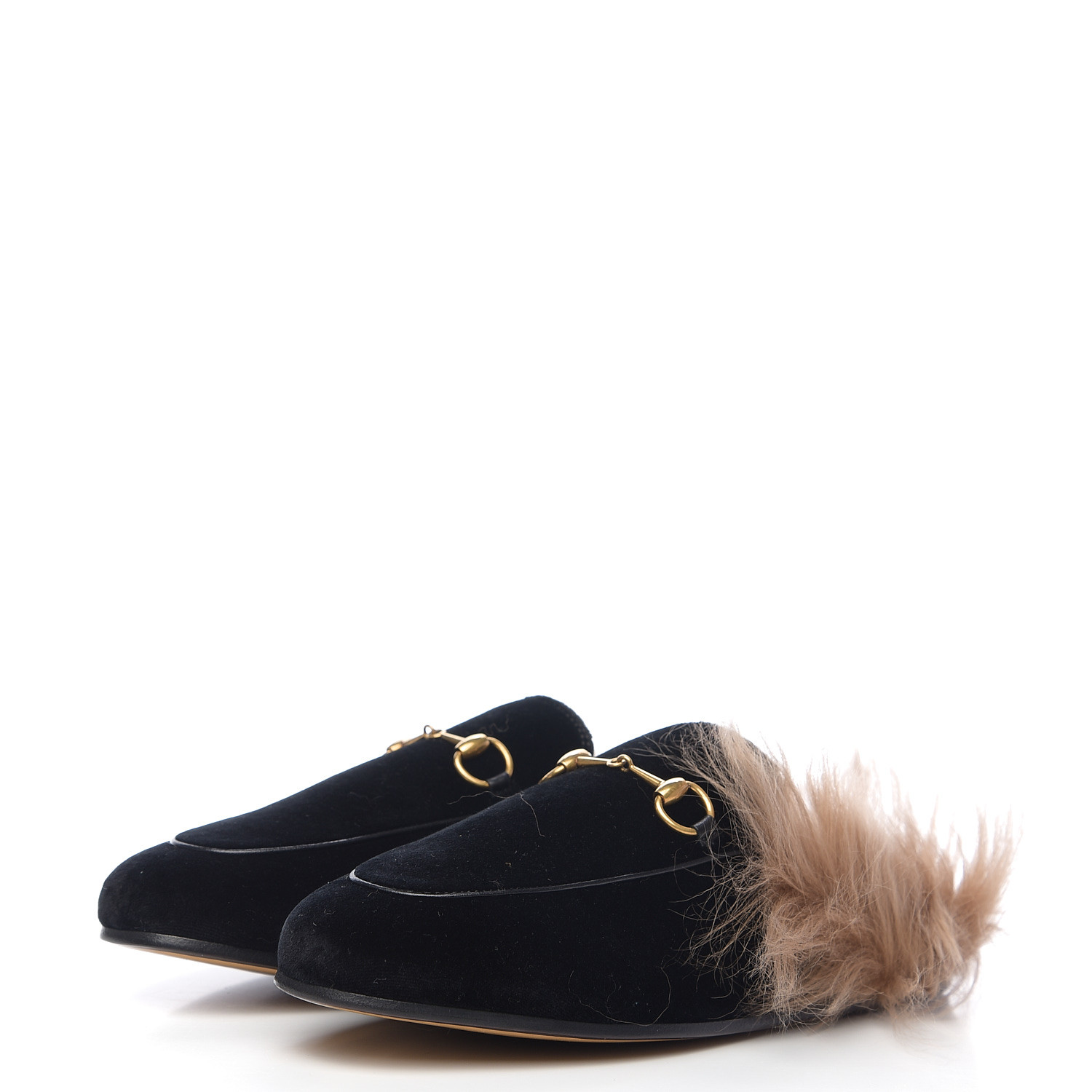 GUCCI Velvet Fur Womens Princetown Slippers Slides 39 Black 561763