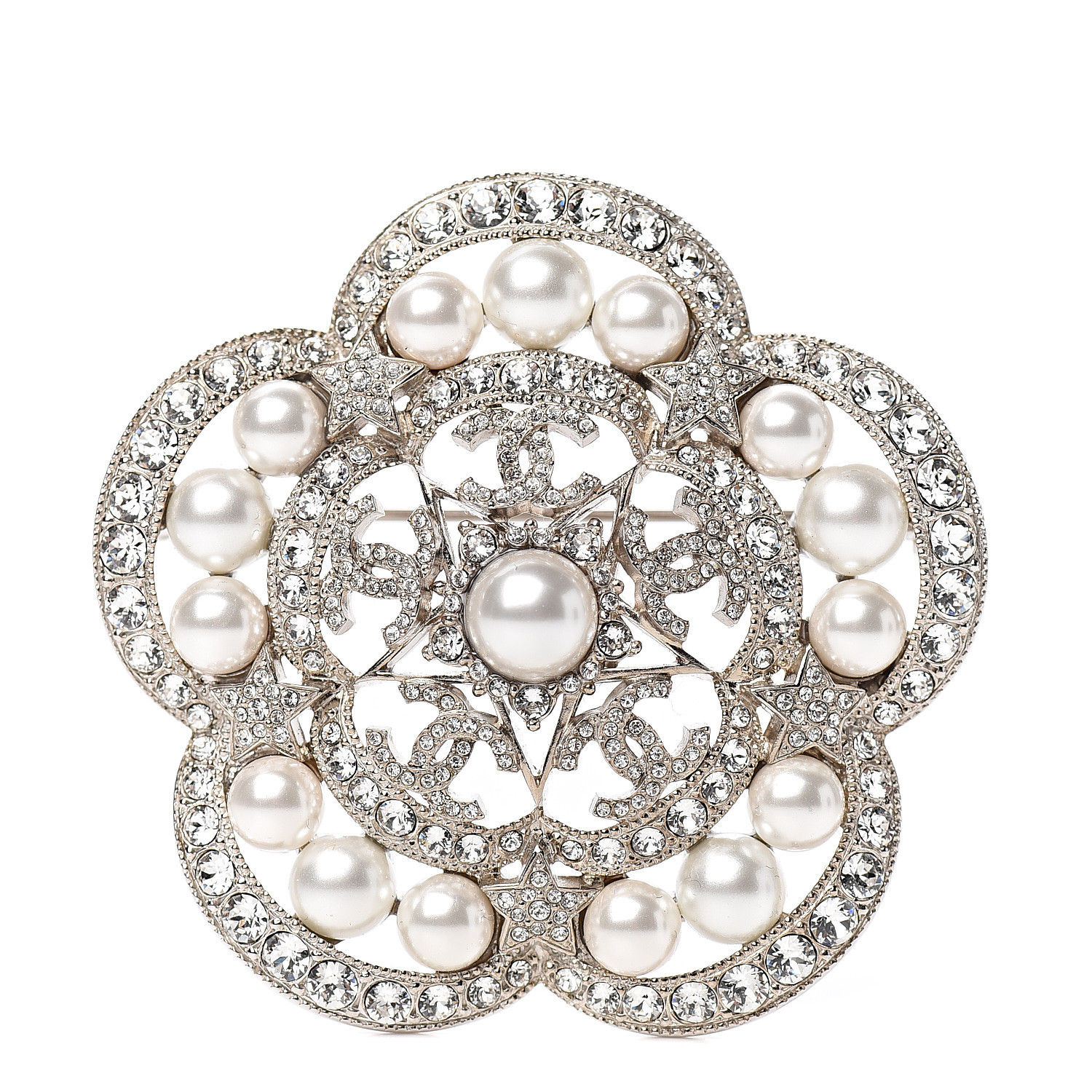 CHANEL Crystal Pearl Flower CC Brooch Silver 561529