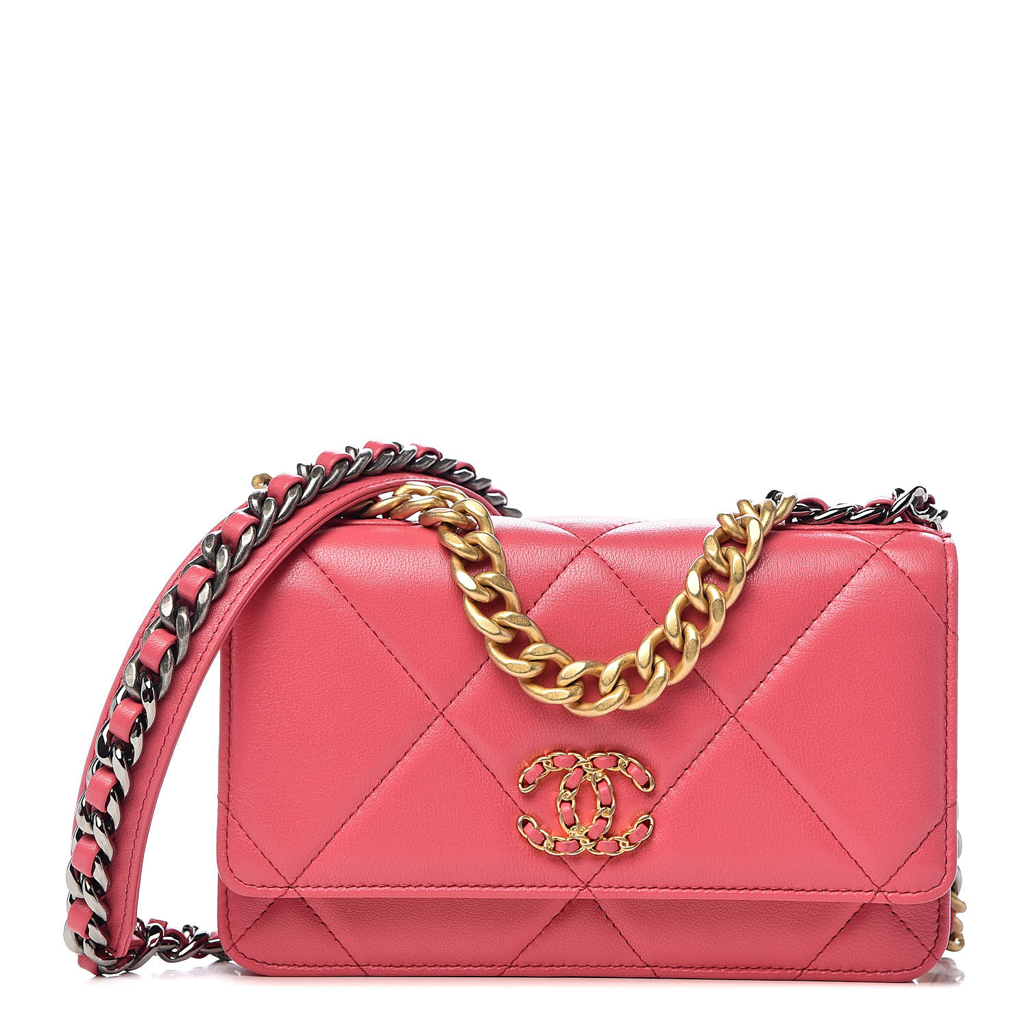 CHANEL Lambskin Quilted Chanel 19 Wallet On Chain WOC Pink 498708