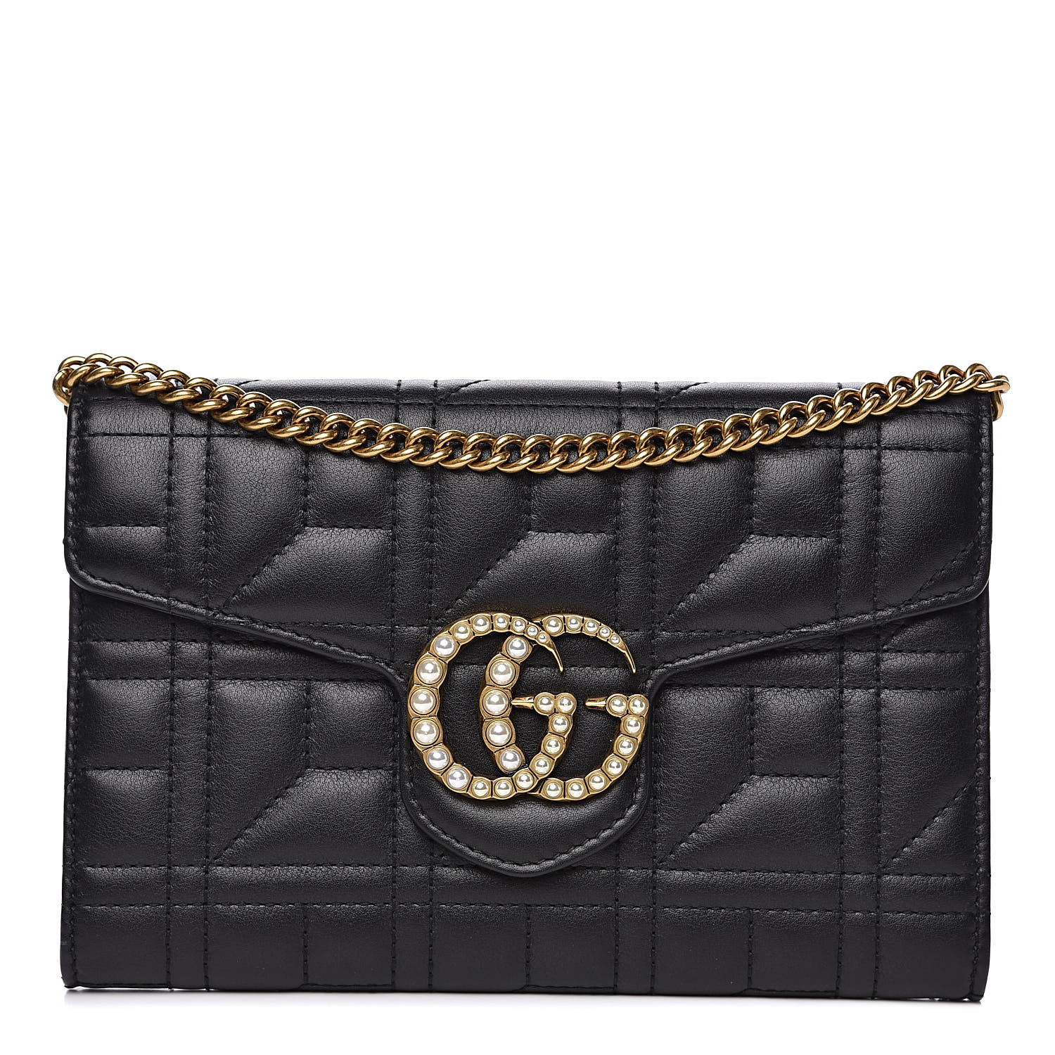 GUCCI Calfskin Matelasse Pearl Mini GG Marmont Chain Bag Black 513512