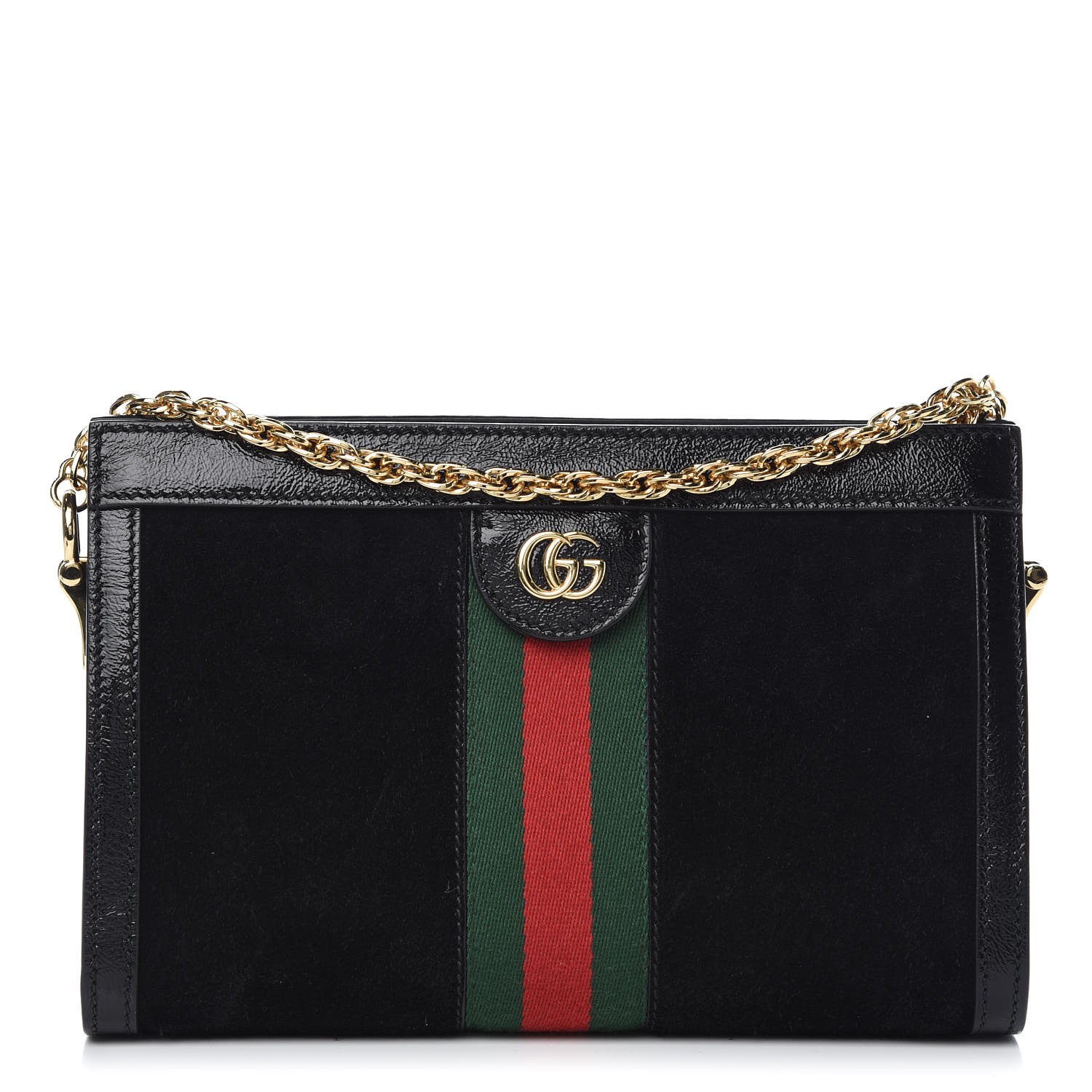 GUCCI Suede Patent GG Web Small Ophidia Shoulder Bag Black 309339