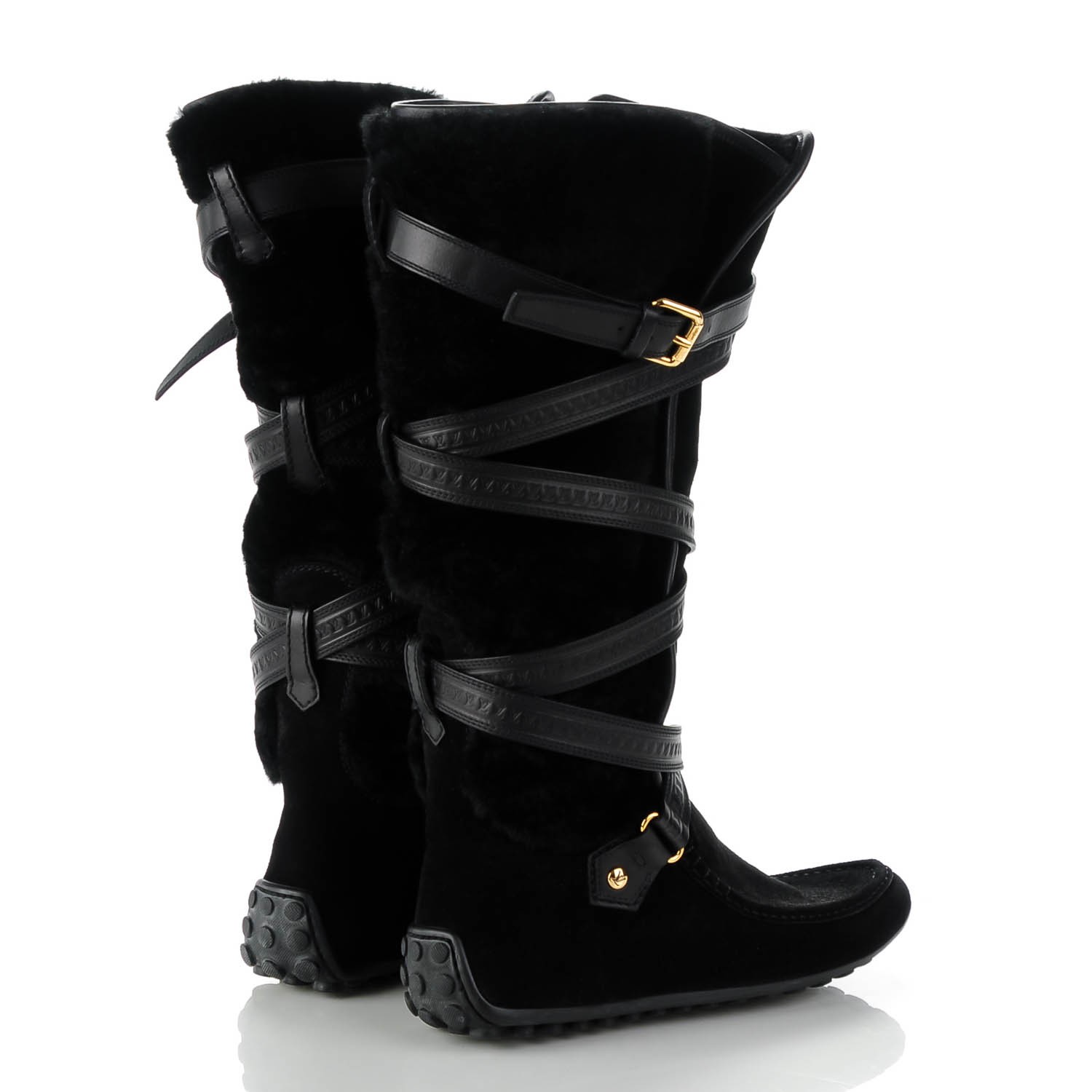 LOUIS VUITTON Suede Shearling High Boots 39 Black 134267