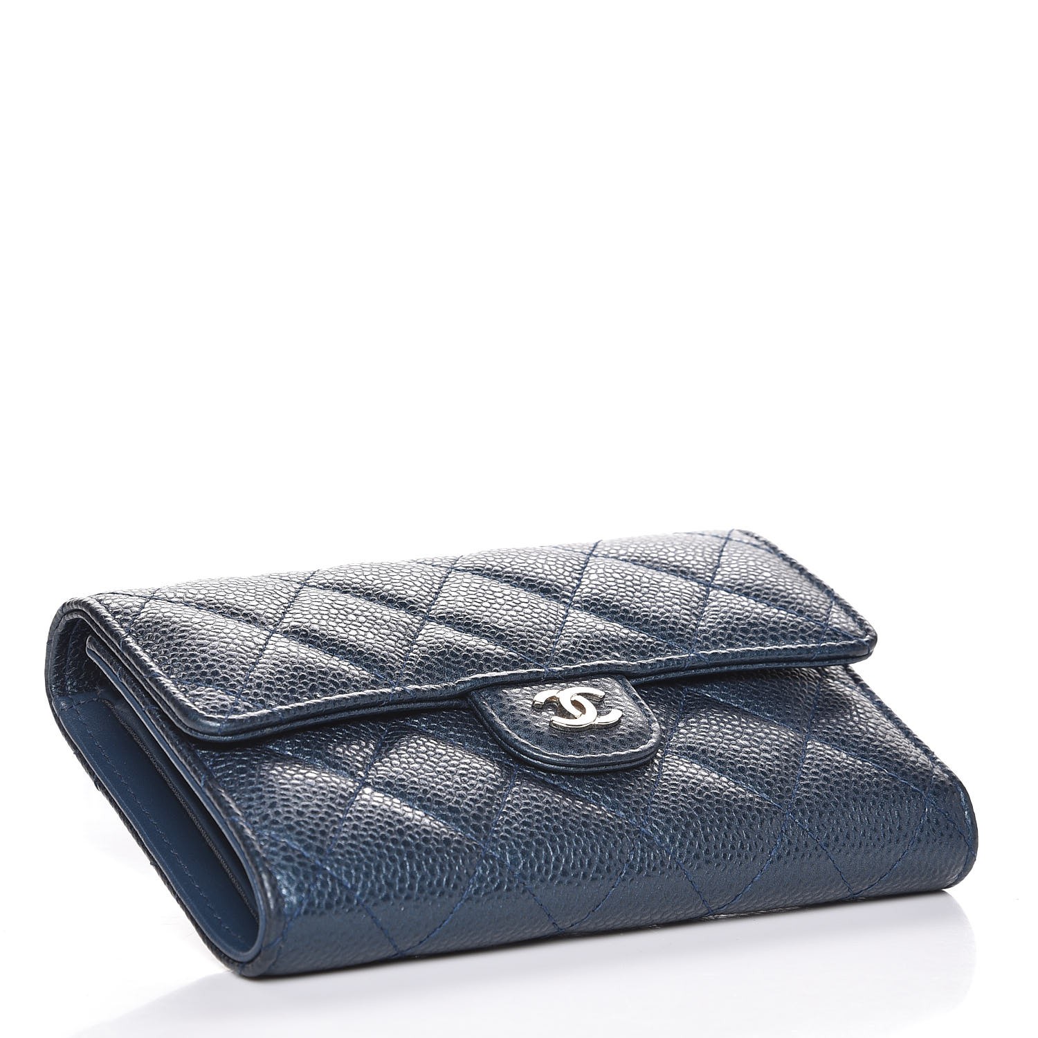 CHANEL Metallic Caviar Quilted Small Flap Wallet Dark Blue 281114