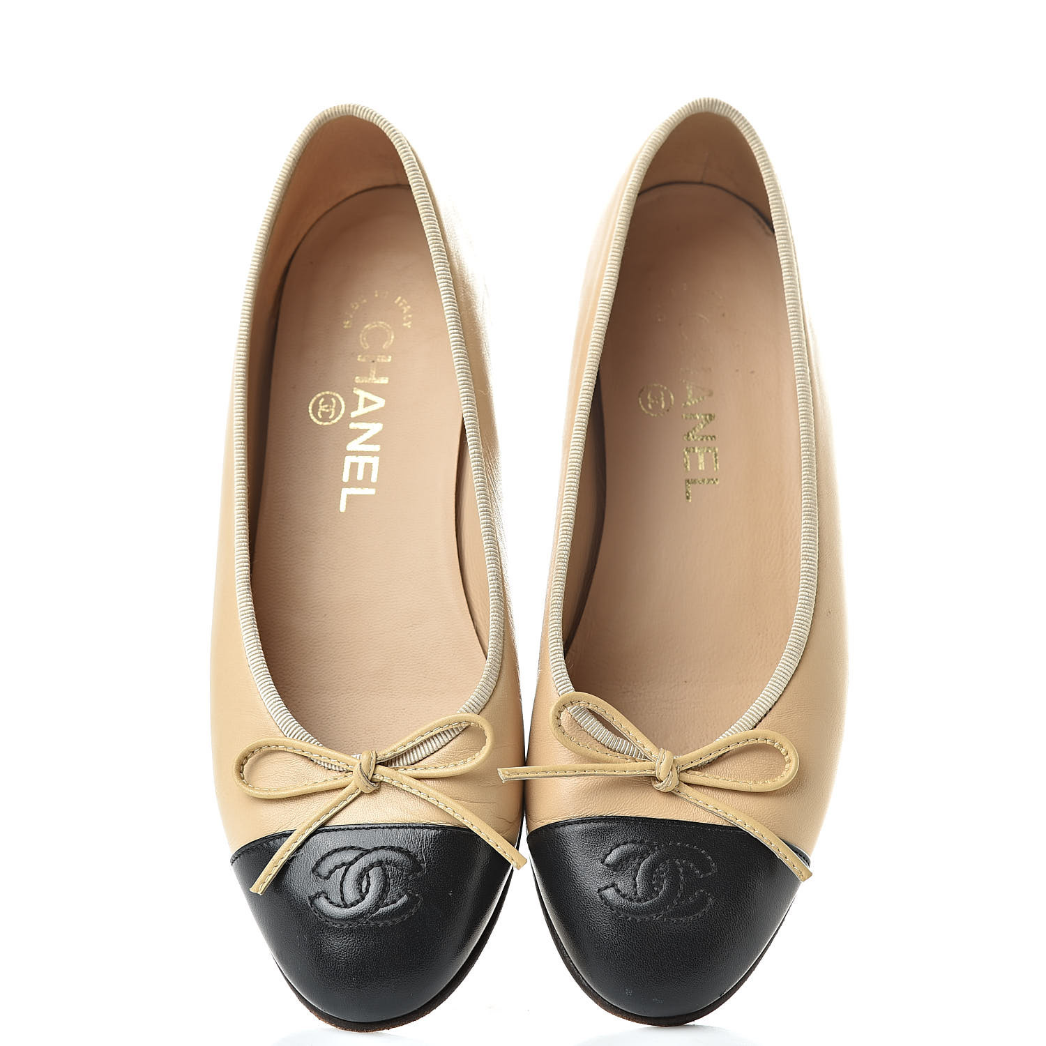 CHANEL Lambskin Cap Toe CC Ballerina Flats 37 Beige Black 513968 ...