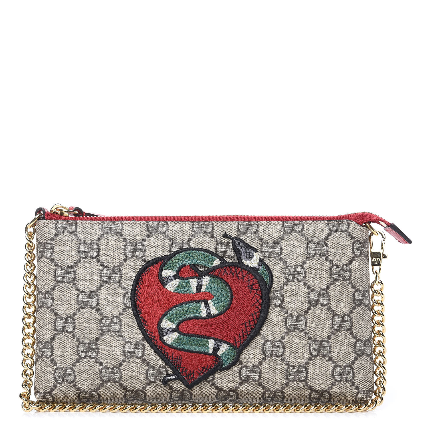 GUCCI GG Supreme Monogram Snake Heart Embroidered Chain Wrist Wallet Multicolor 416330