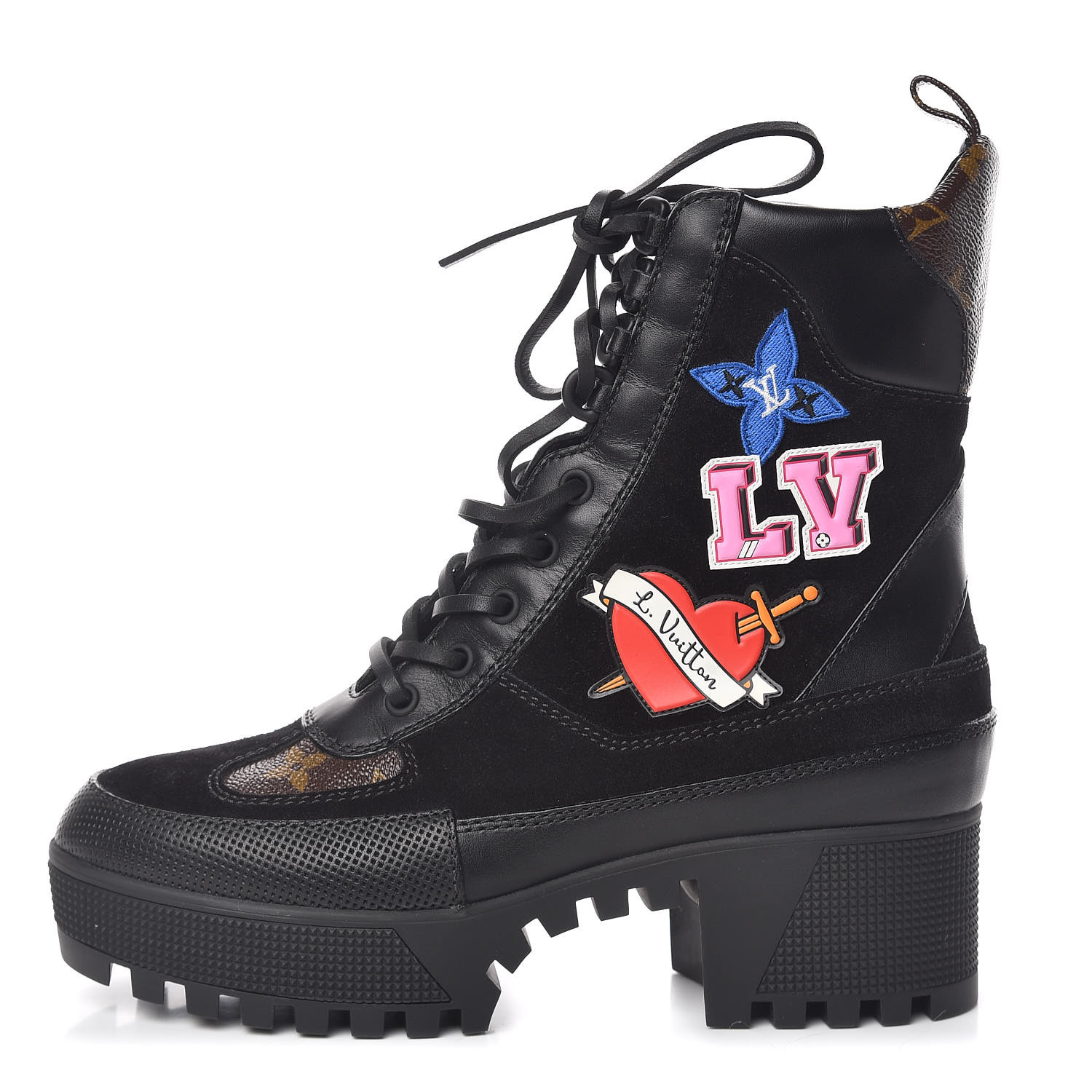 LOUIS VUITTON Monogram Suede Calfskin Womens LV Black Heart Platform Desert Boots 36.5 Black 462730