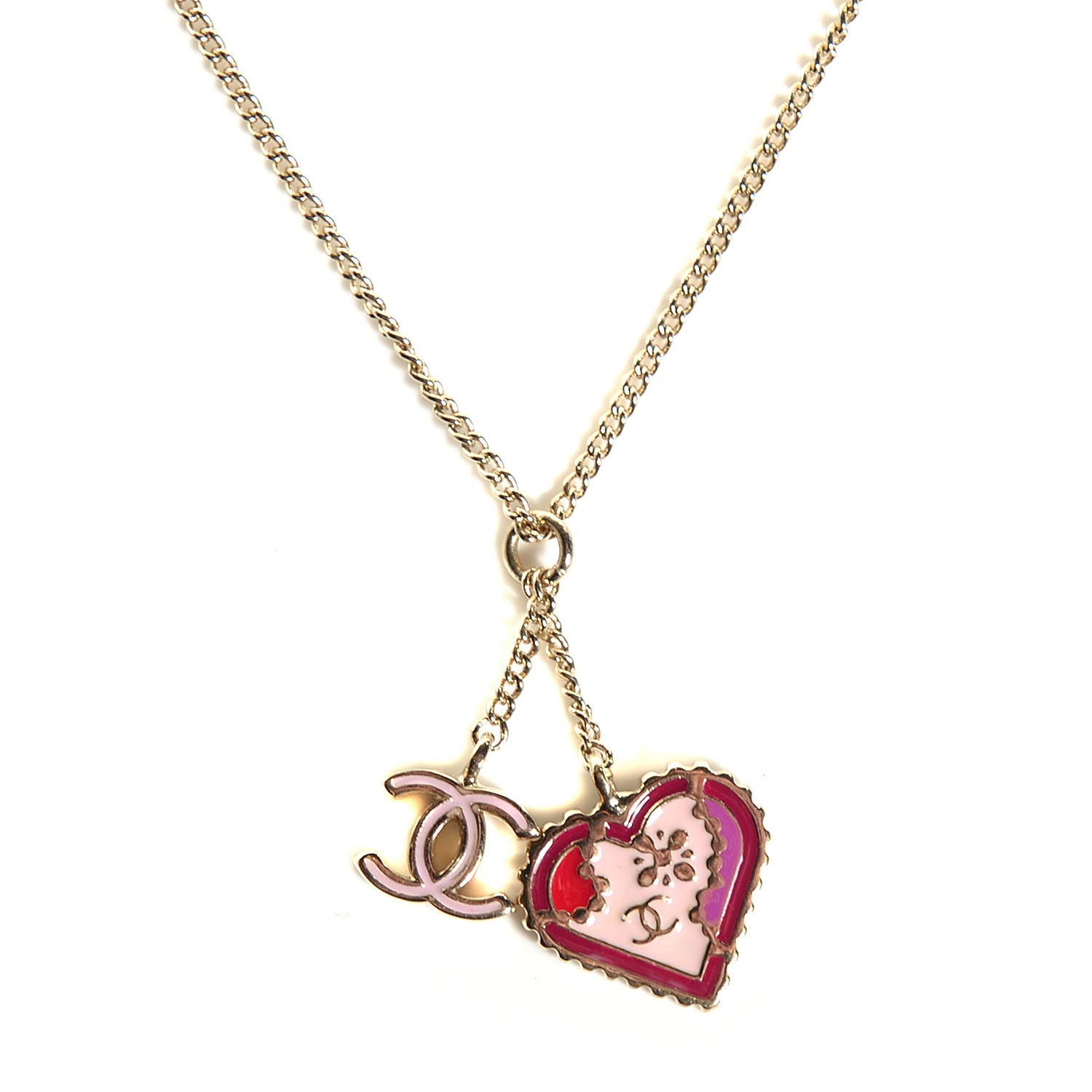 CHANEL Enamel Heart CC Charm Necklace Gold 109721