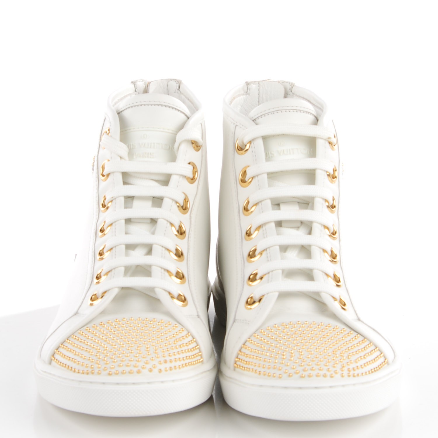 LOUIS VUITTON Leather Studded Punchy High Top Sneakers 36 White Gold 116107
