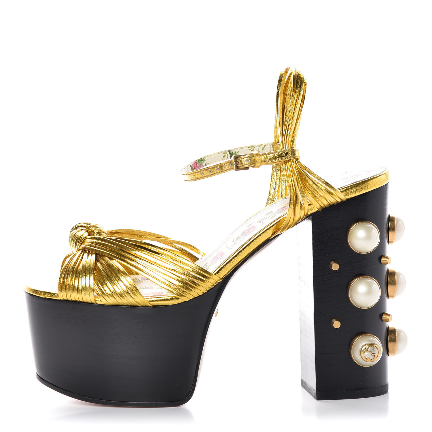 gucci gold heels with pearls