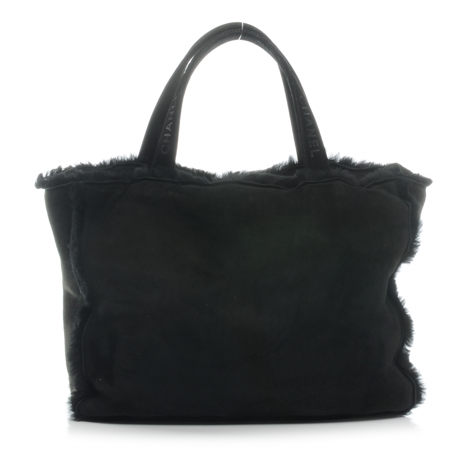 CHANEL Suede Shearling Fur Handbag Black 44240