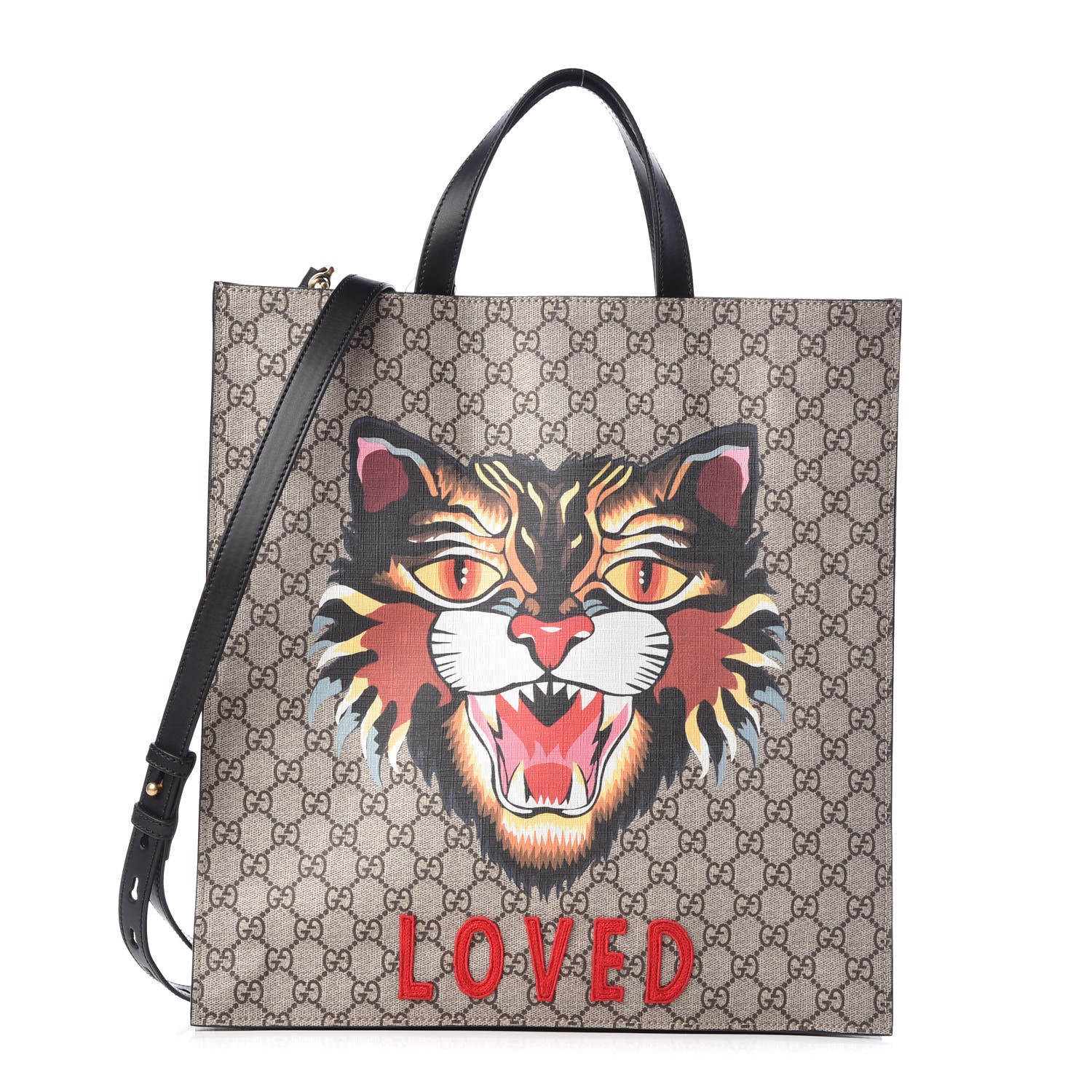 gucci gg supreme tote with embroidered angry cat