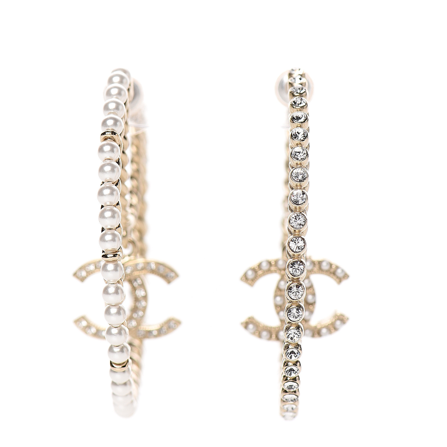 CHANEL Crystal Pearl CC Drop Hoop Earrings Gold Pearly White 547318
