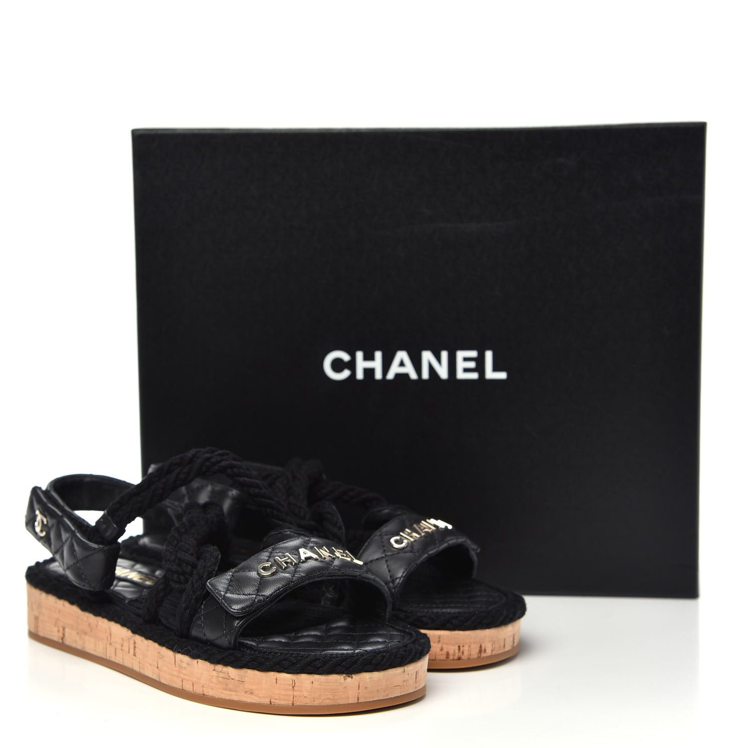 chanel cord and lambskin sandals black