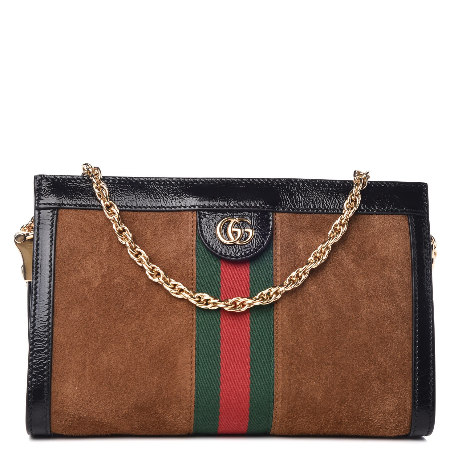 GUCCI Suede Patent GG Web Small Ophidia Shoulder Bag Brown Black 335980