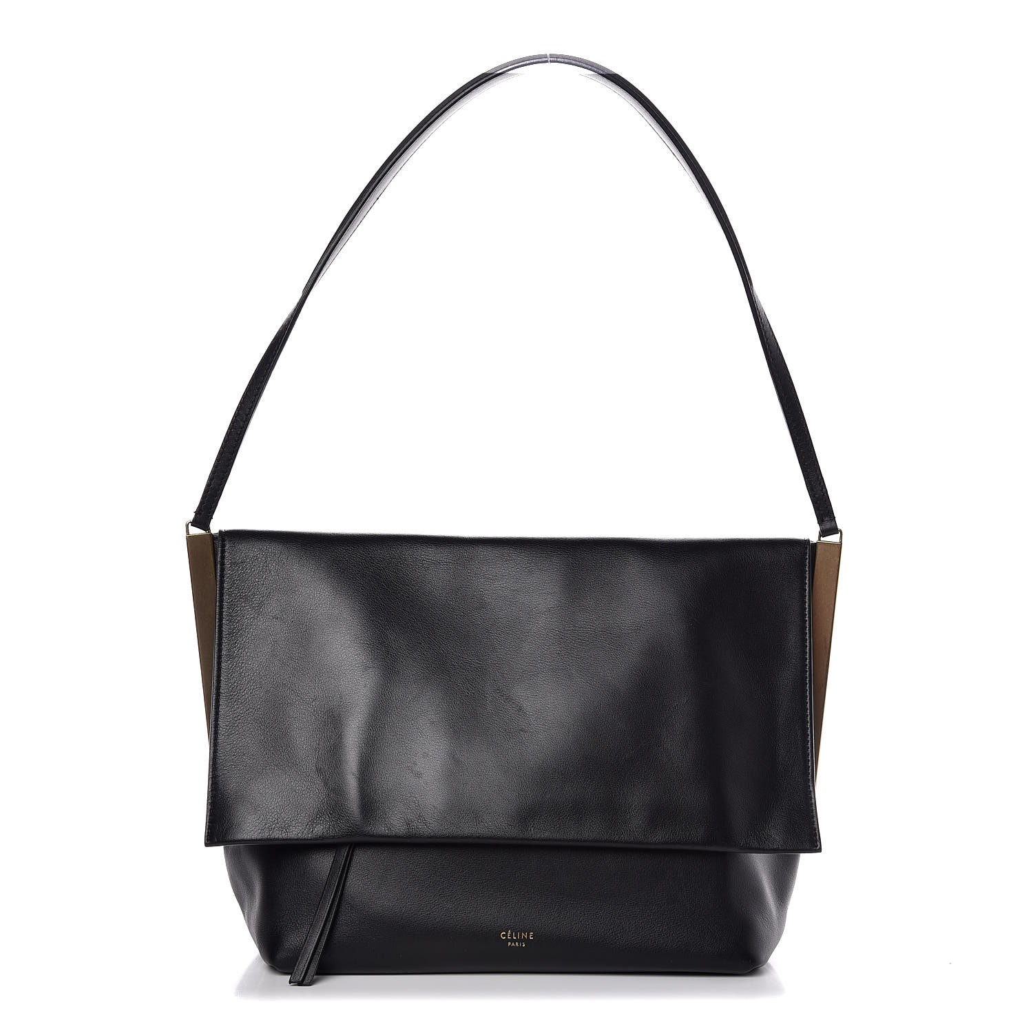 CELINE Lambskin Flap Clasp Shoulder Bag Black 346645