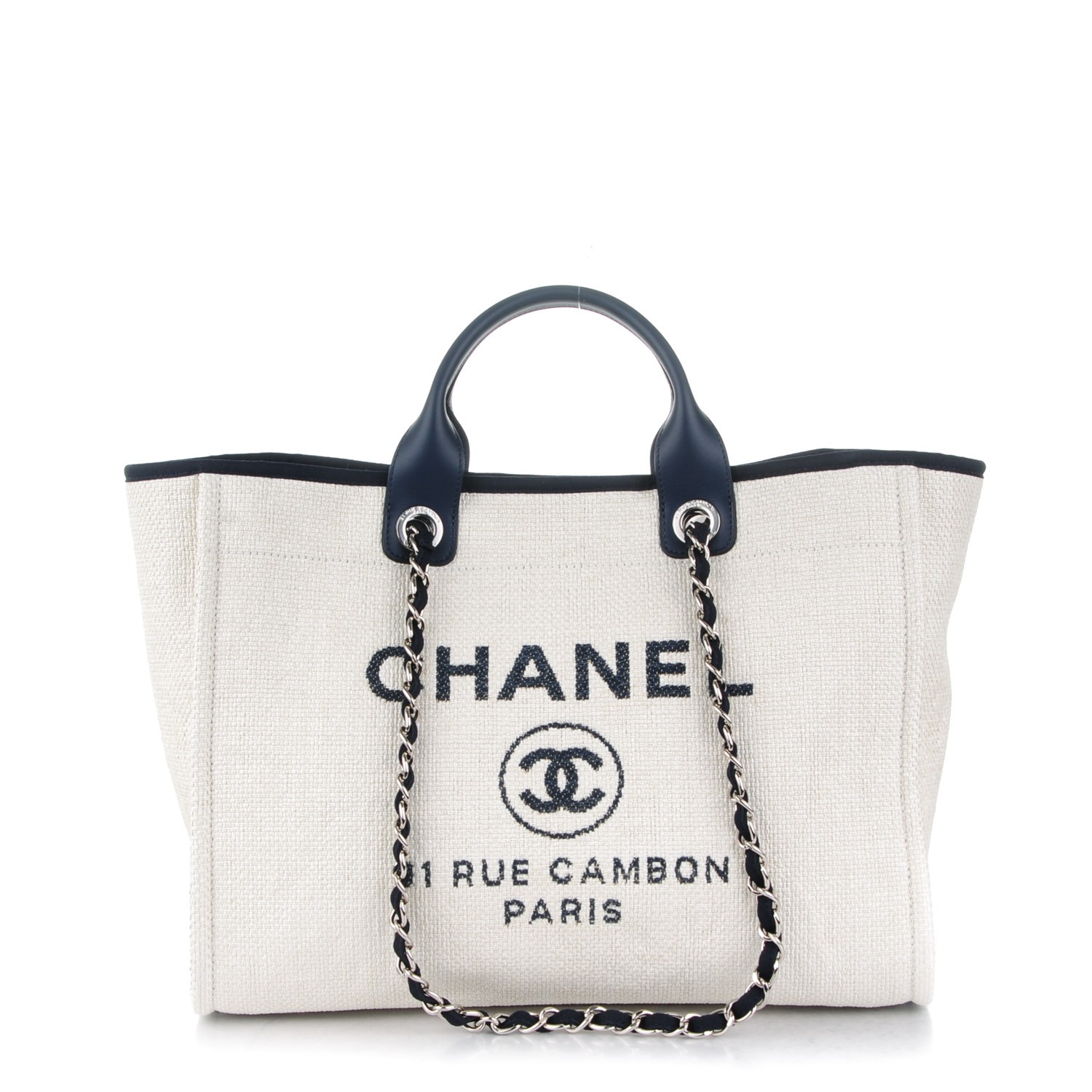 CHANEL Canvas Large Deauville Tote White Navy 168939