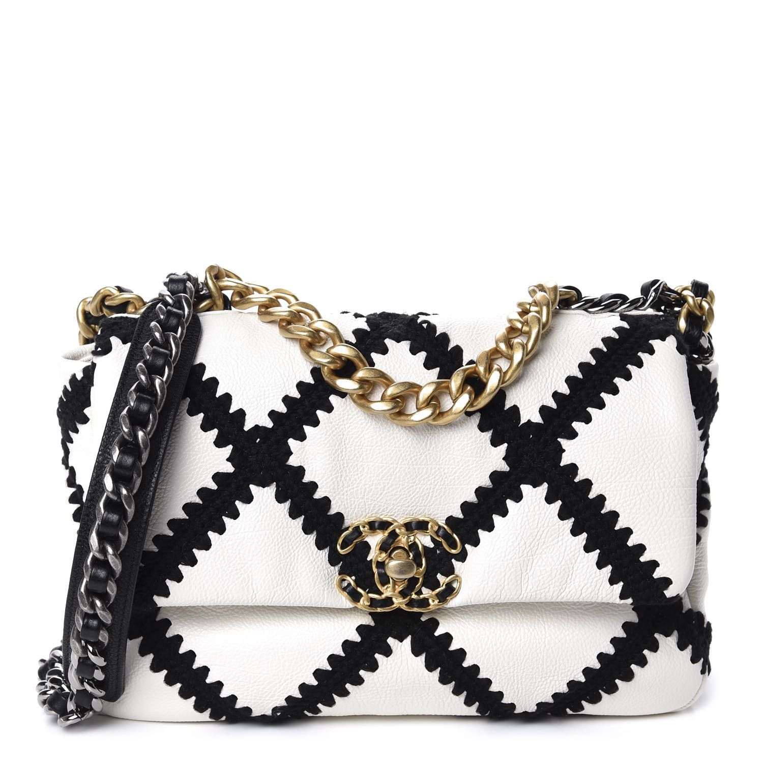 CHANEL Calfskin Crochet Medium Chanel 19 Flap White Black 631242