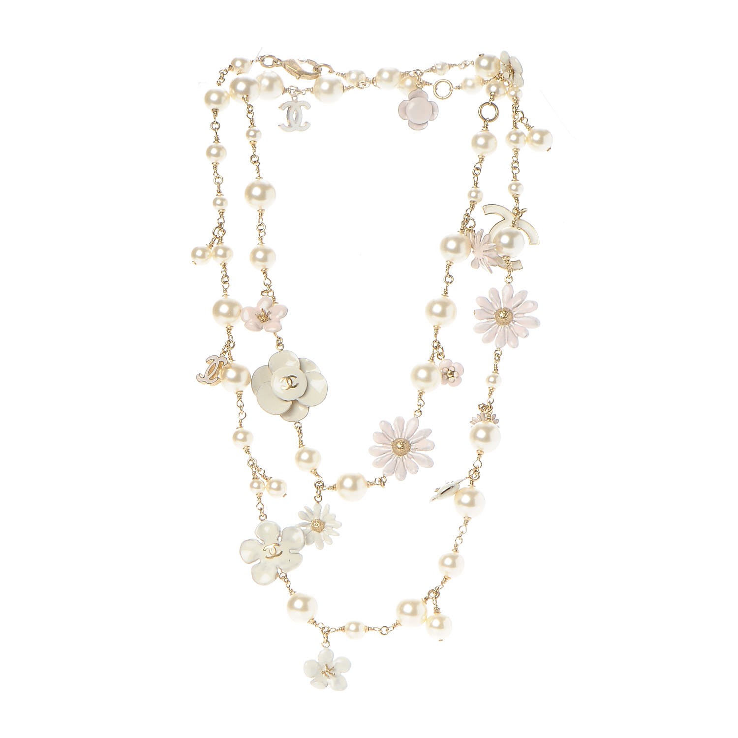 CHANEL Pearl Enamel CC Camellia Necklace White Gold 235248