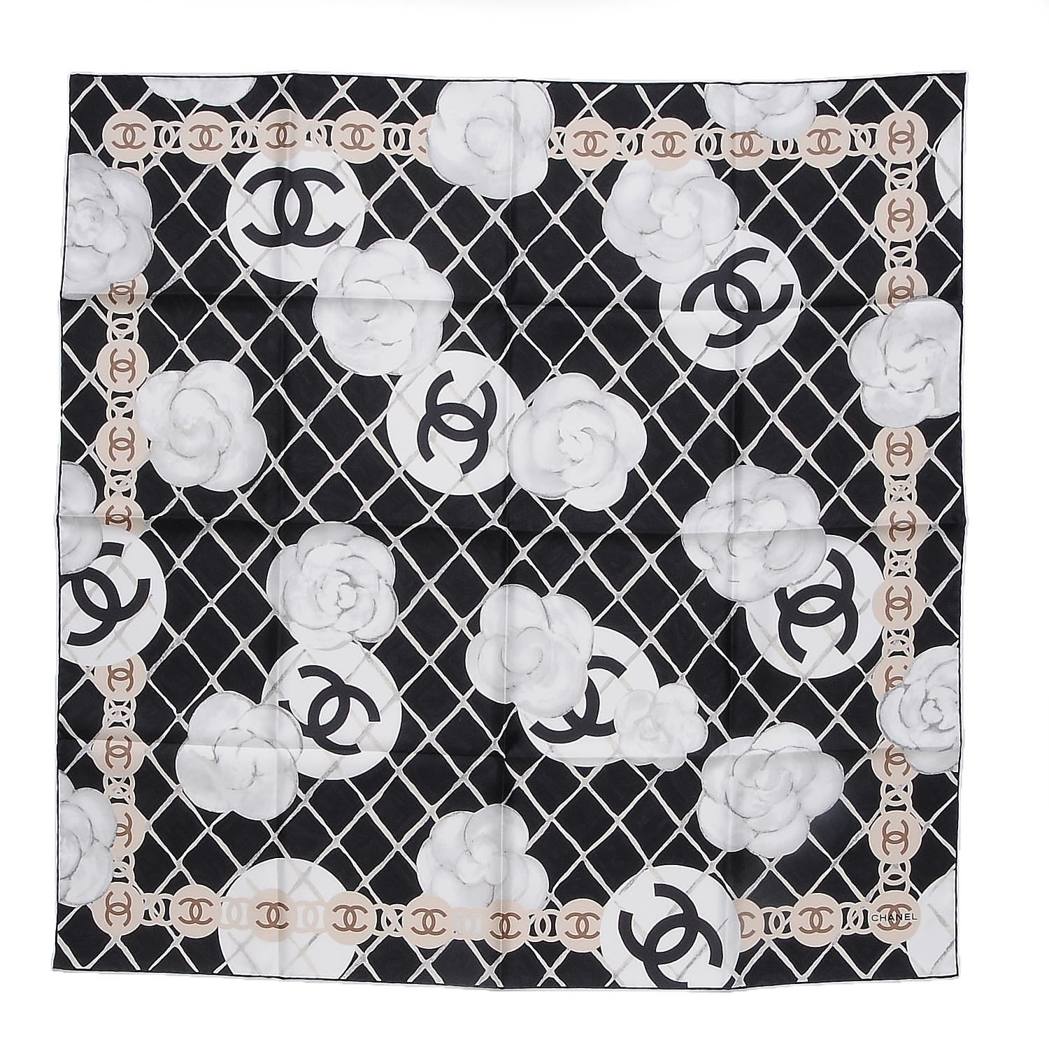 CHANEL Silk CC Logo Camellia Scarf White Black 235233