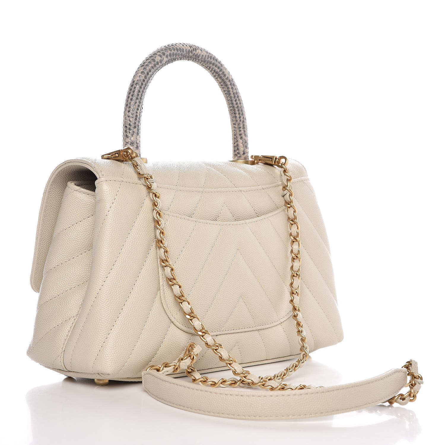 CHANEL Caviar Lizard Chevron Quilted Mini Coco Handle Flap Ivory 316256