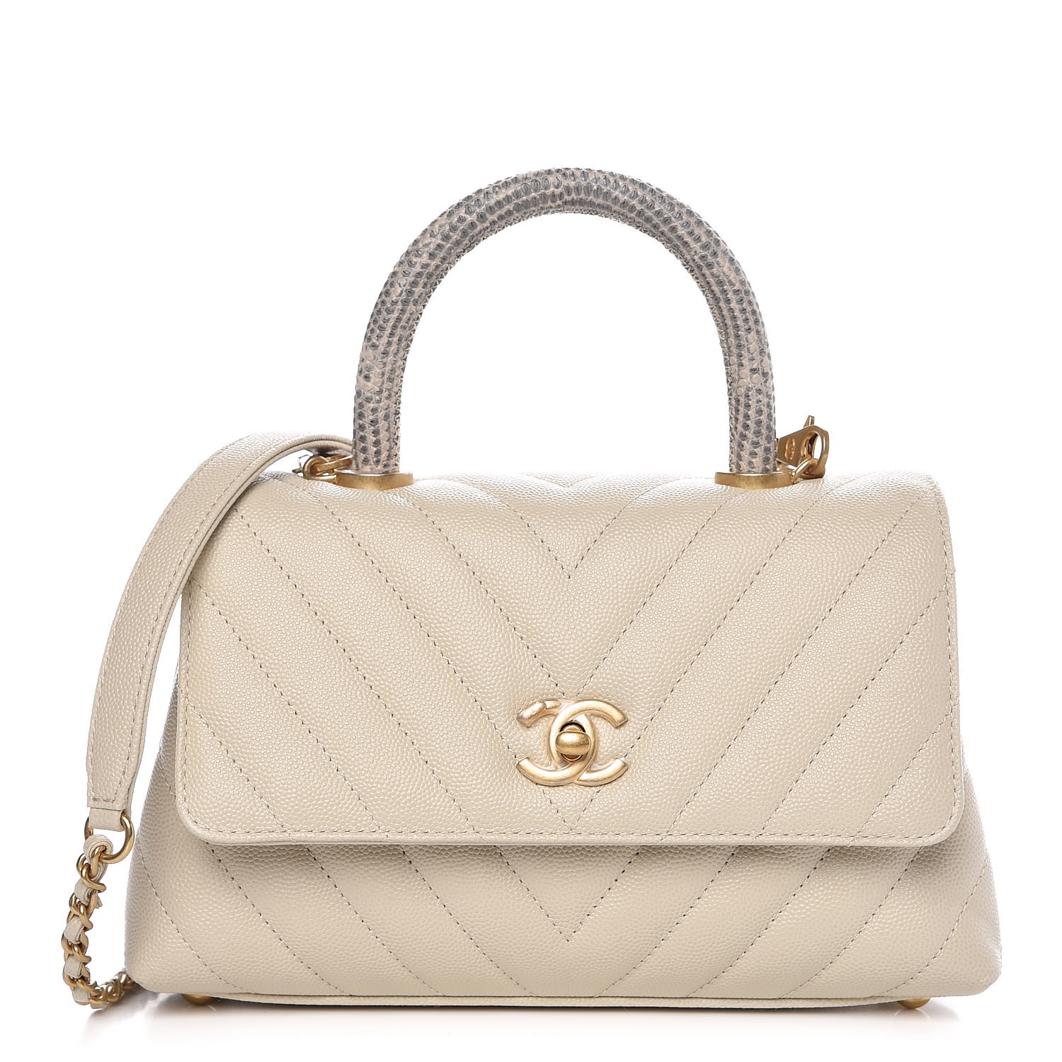 CHANEL Caviar Lizard Chevron Quilted Mini Coco Handle Flap Ivory 316256