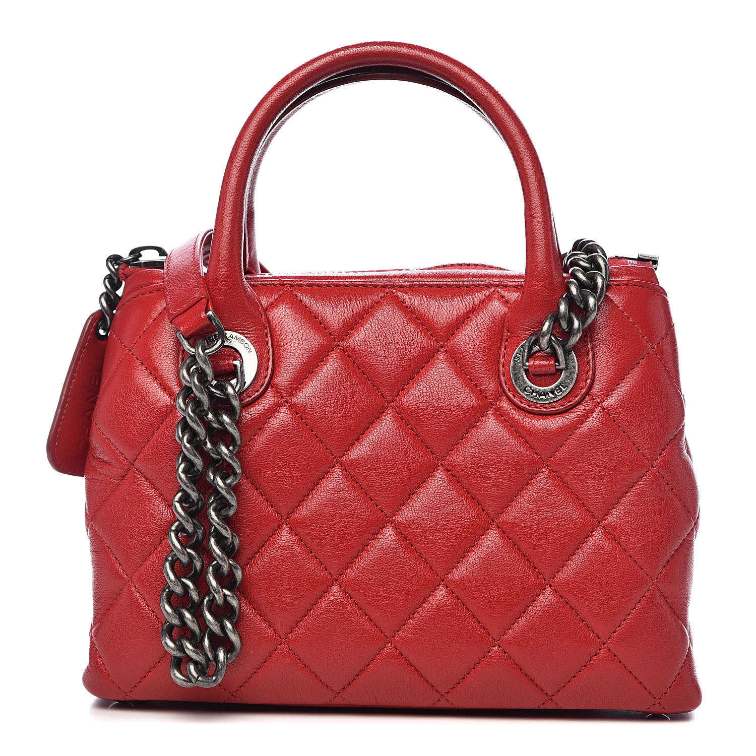 CHANEL Shiny Sheepskin Quilted Small Shopping Tote Red 585254
