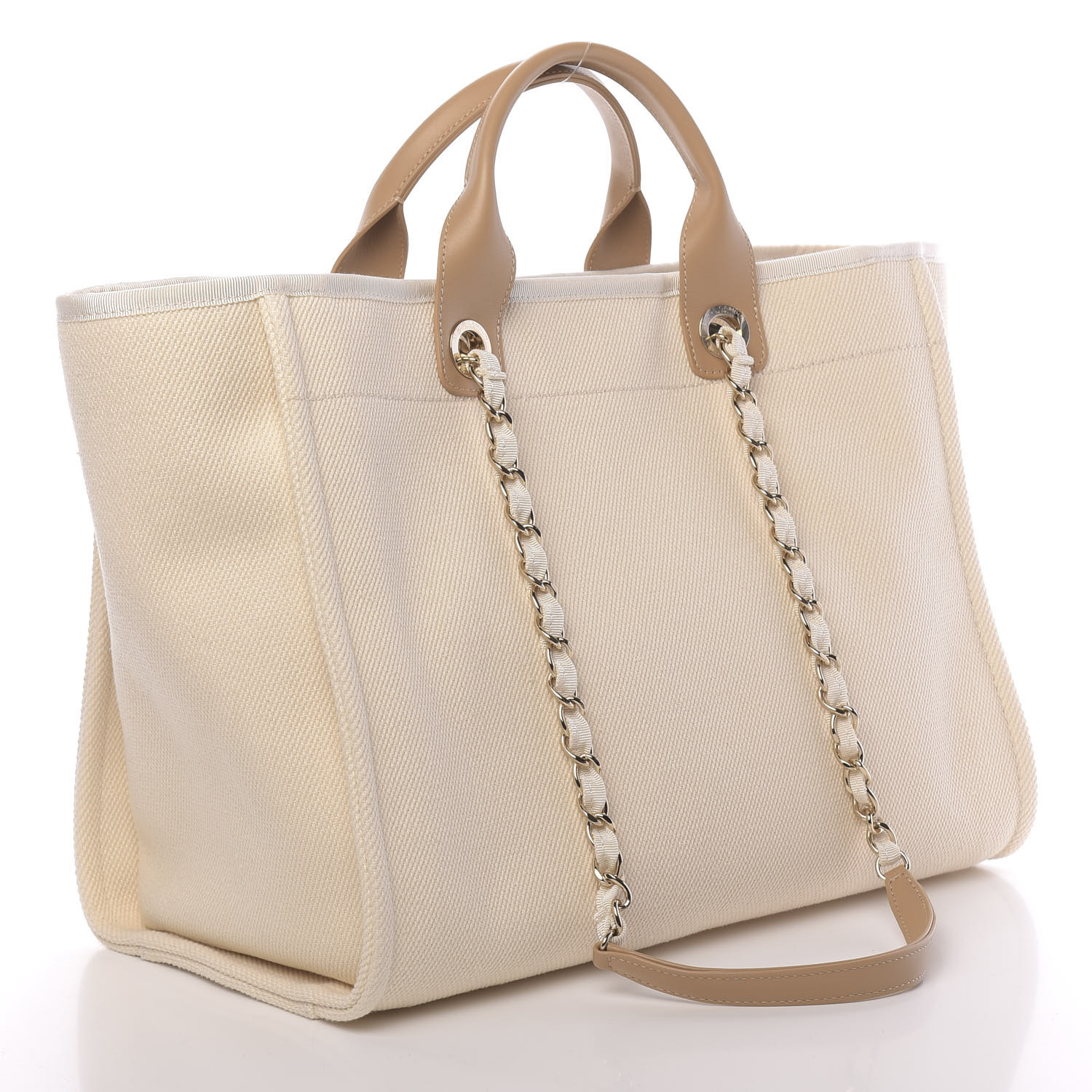 CHANEL Canvas Pearl Medium Deauville Tote Ecru Beige 625011