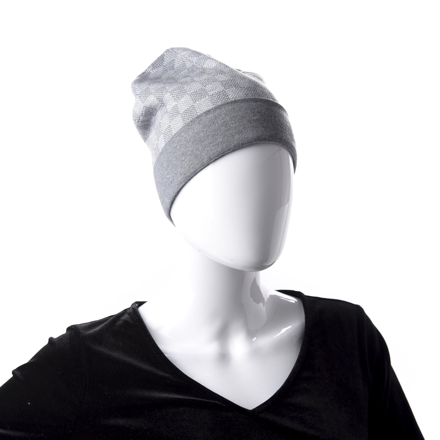 LOUIS VUITTON Wool Petit Damier Beanie Hat Grey 624960