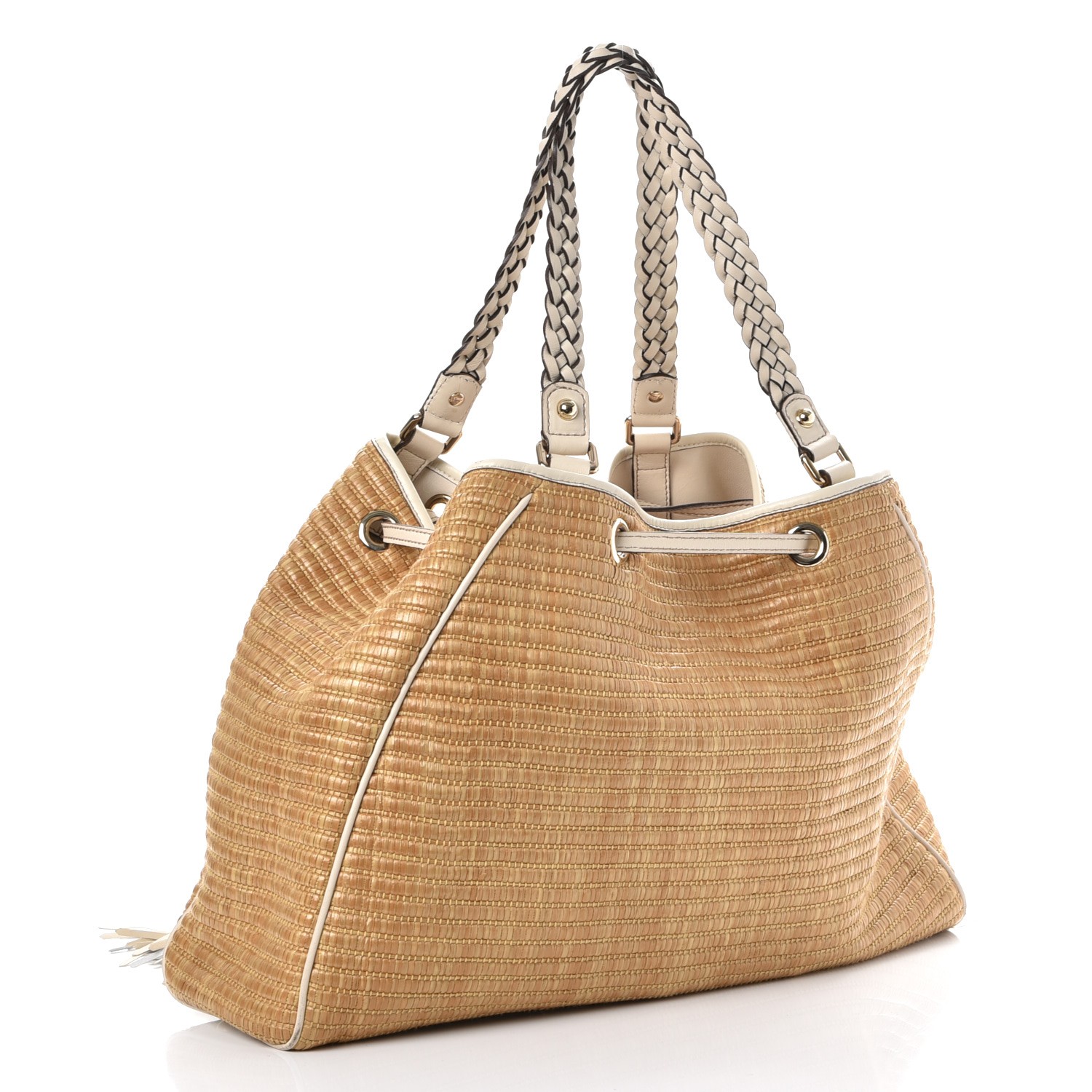 GUCCI Straw Peggy Braided Tote Off White 299596