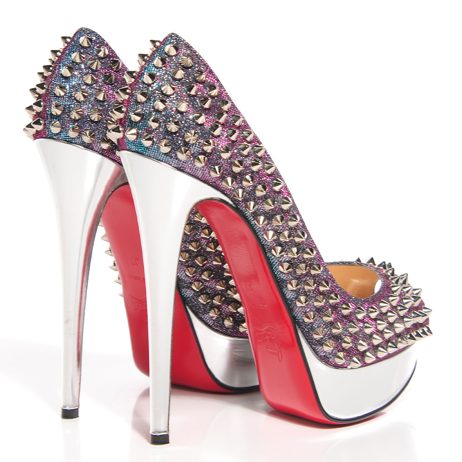 CHRISTIAN LOUBOUTIN Lame Satin Peep Spikes 150 Pumps 37 Turquoise Violet Silver 103203 | FASHIONPHILE