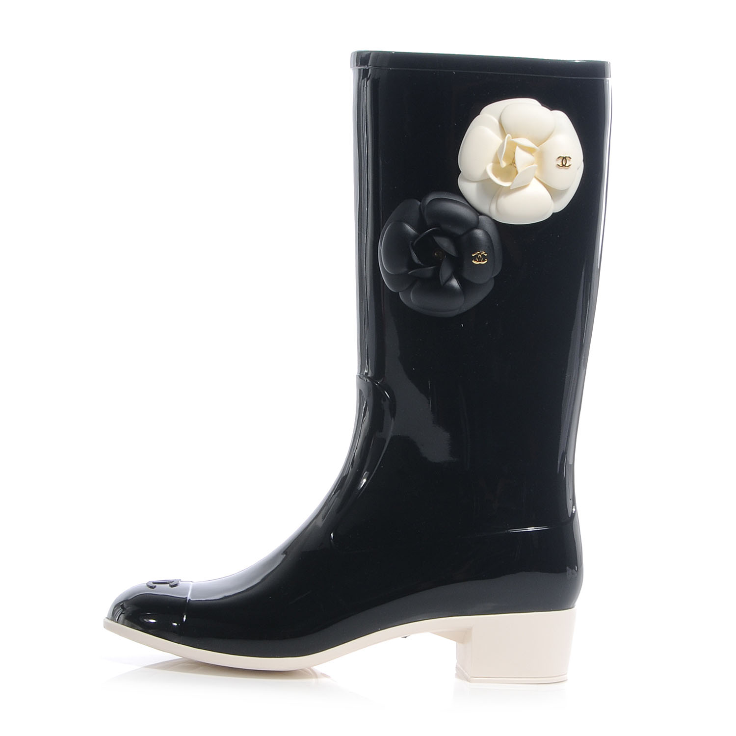 CHANEL Rubber Camellia Rain Boots 39 Black 58333