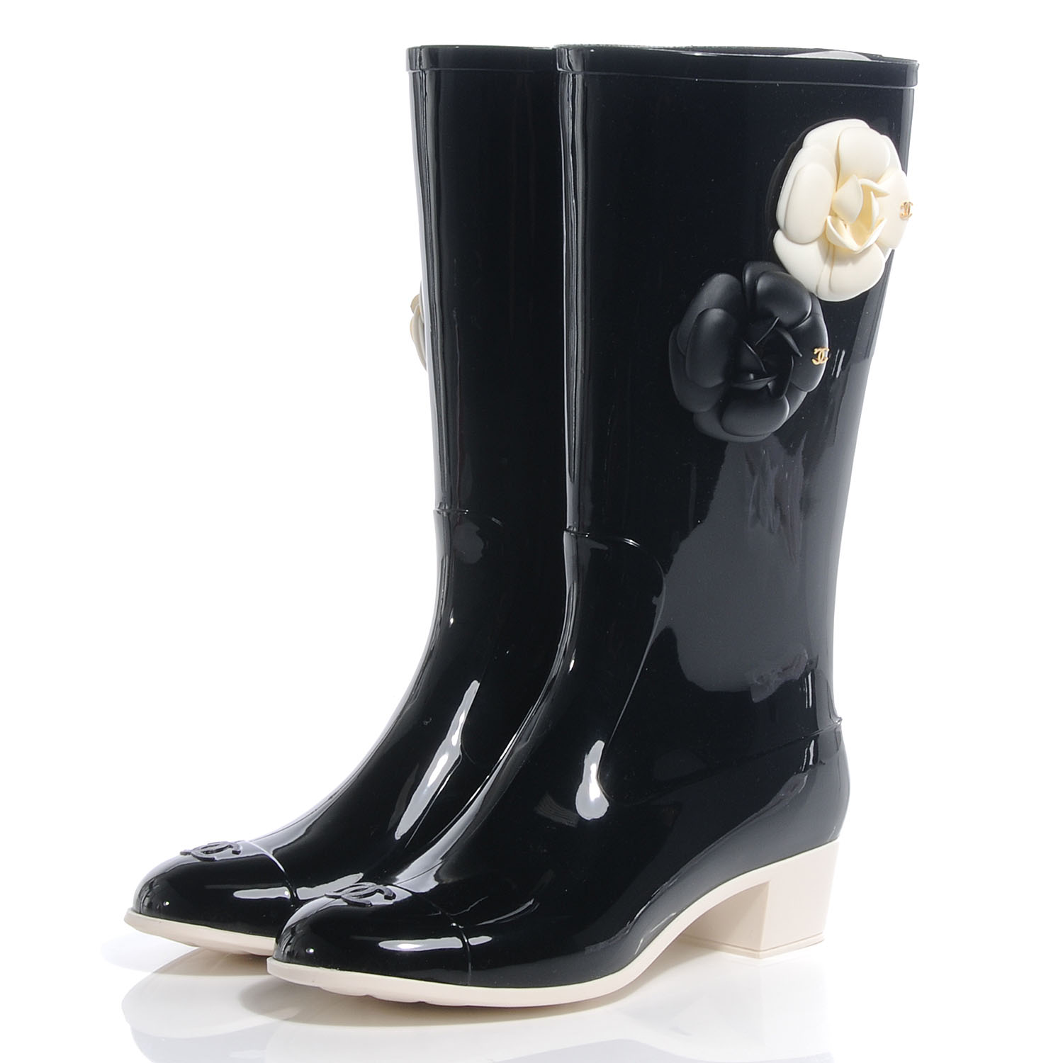 CHANEL Rubber Camellia Rain Boots 39 Black 58333