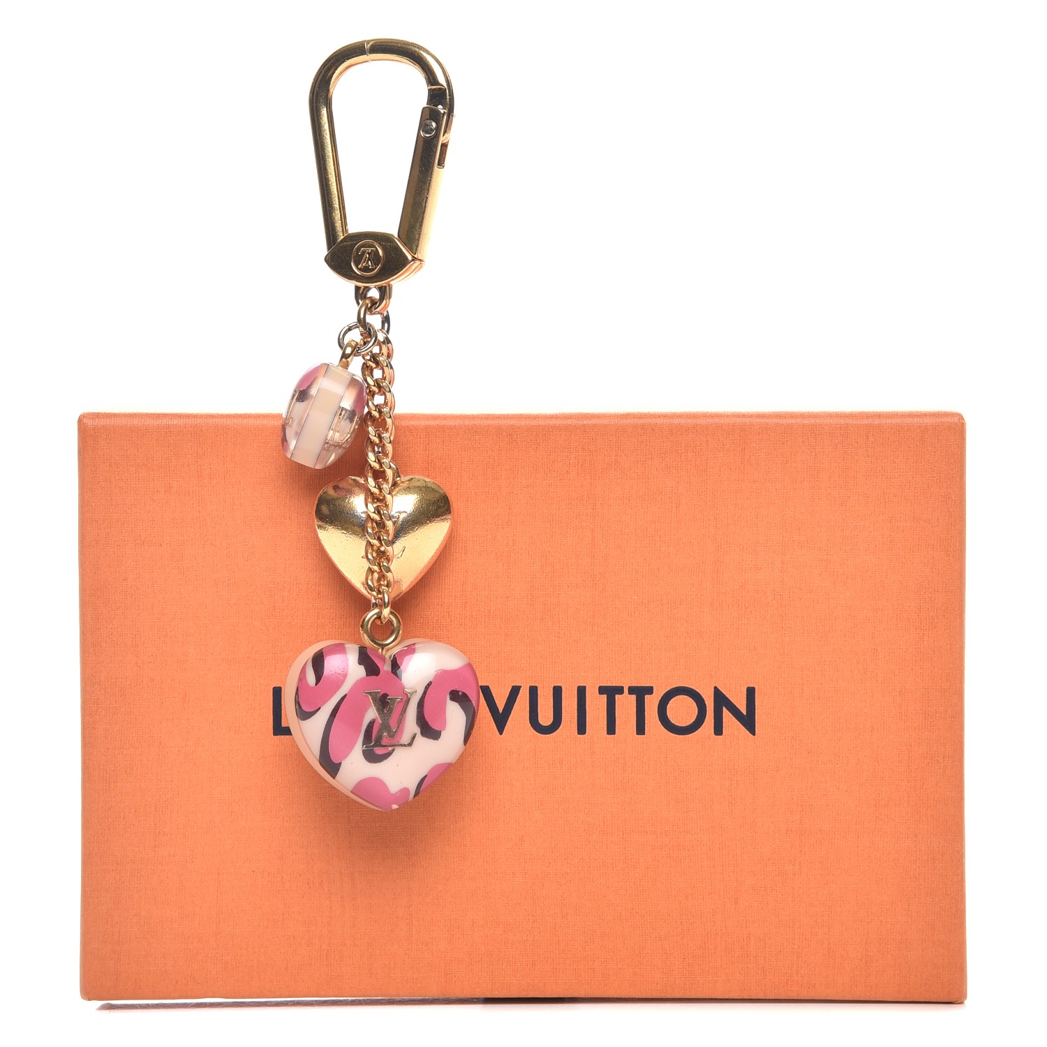 LOUIS VUITTON Leopard Heart Bag Charm Key Holder Blanc Corail 231936