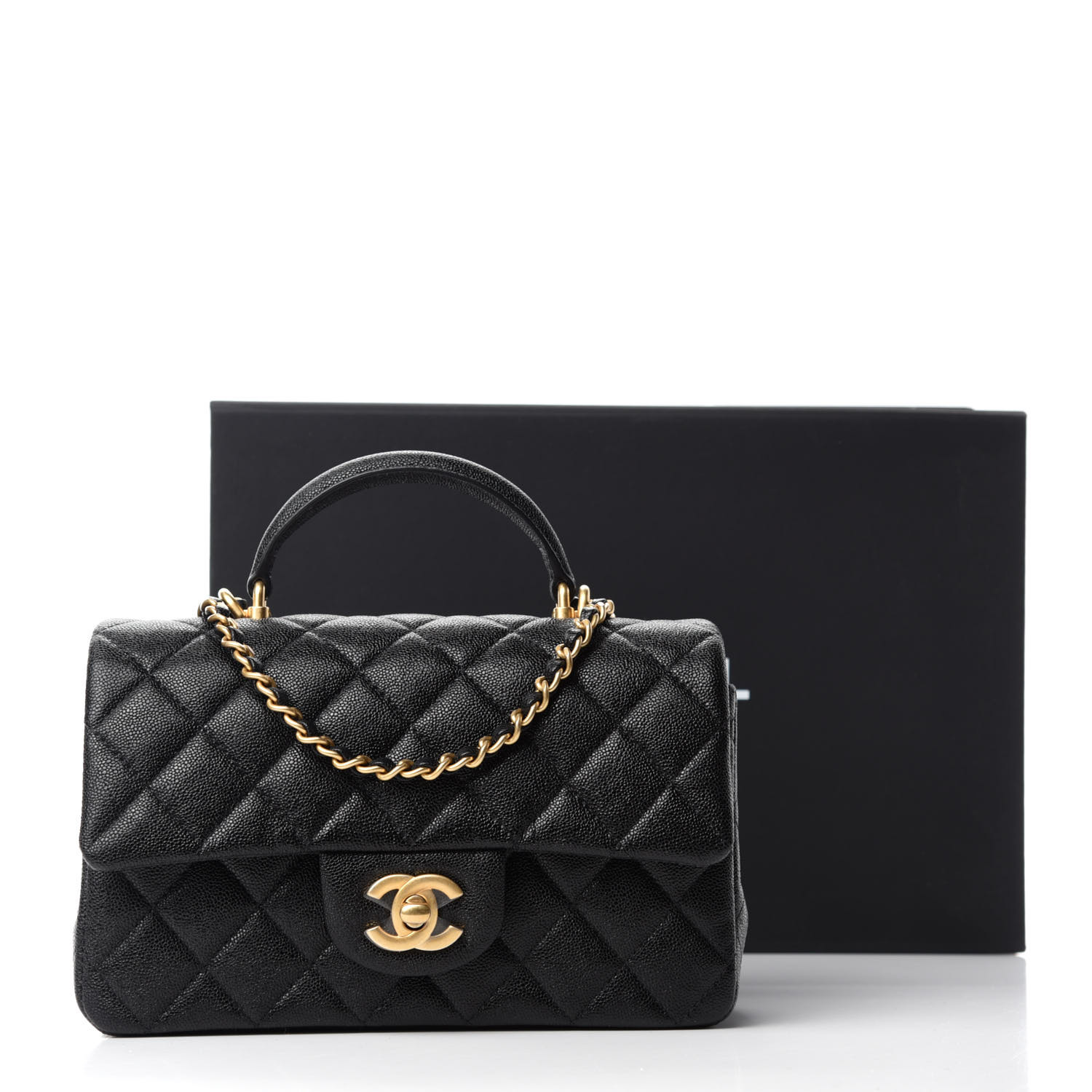 caviar quilted mini top handle rectangular flap black