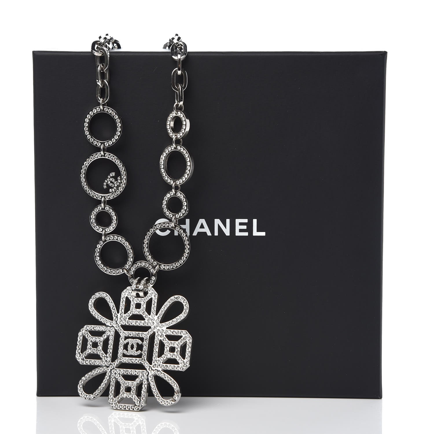 CHANEL Crystal Strass Cross CC Necklace Silver 314625