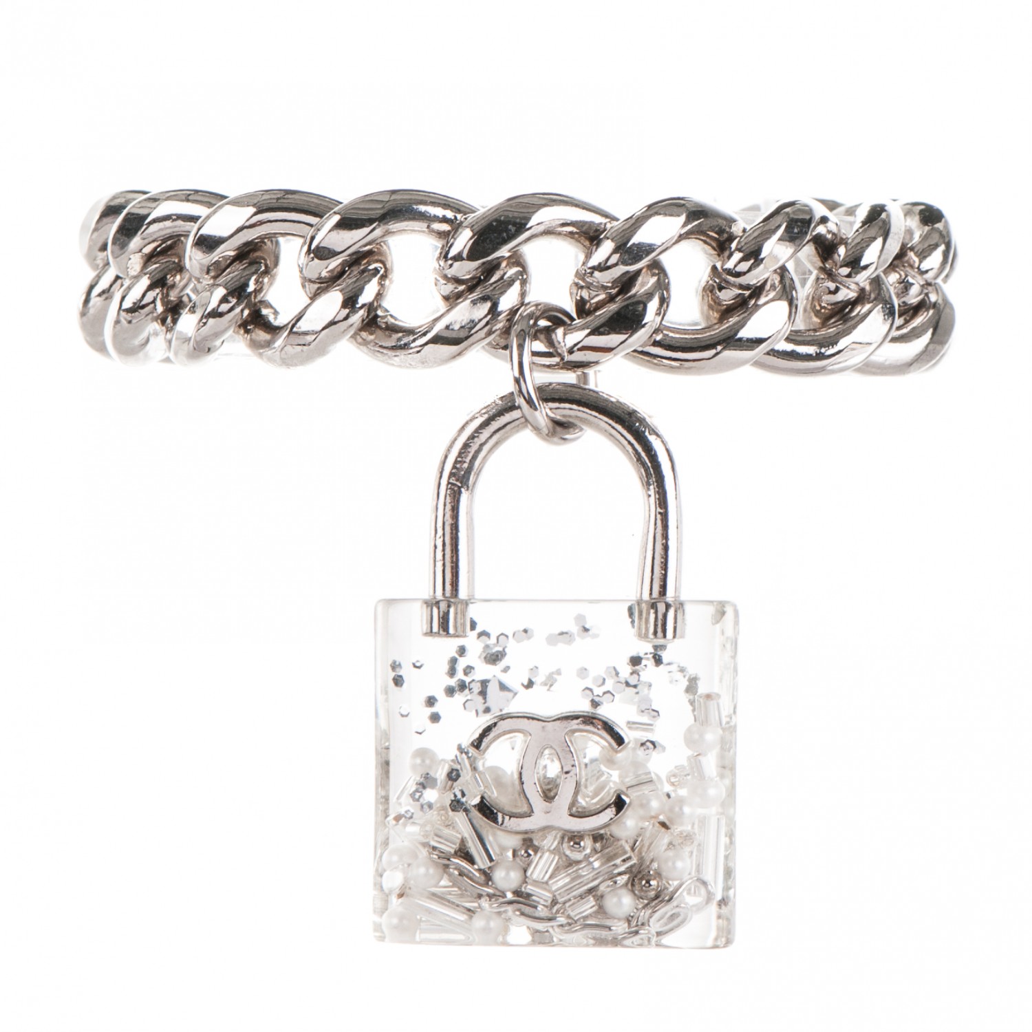 Chanel Plexigl Pearl Cc Padlock Bracelet Silver 175162 Chanel Plexigl Pearl Cc Padlock