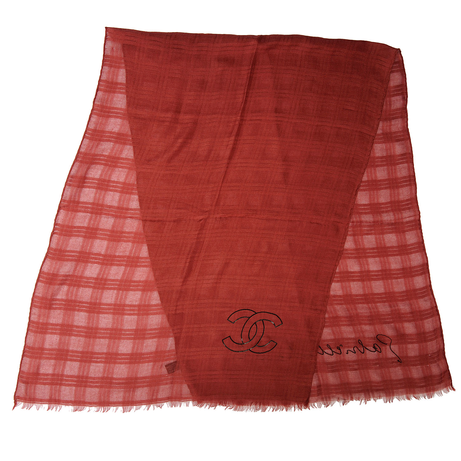 CHANEL Cashmere Silk Sequins Plaid Logo Scarf Shawl Red 53680