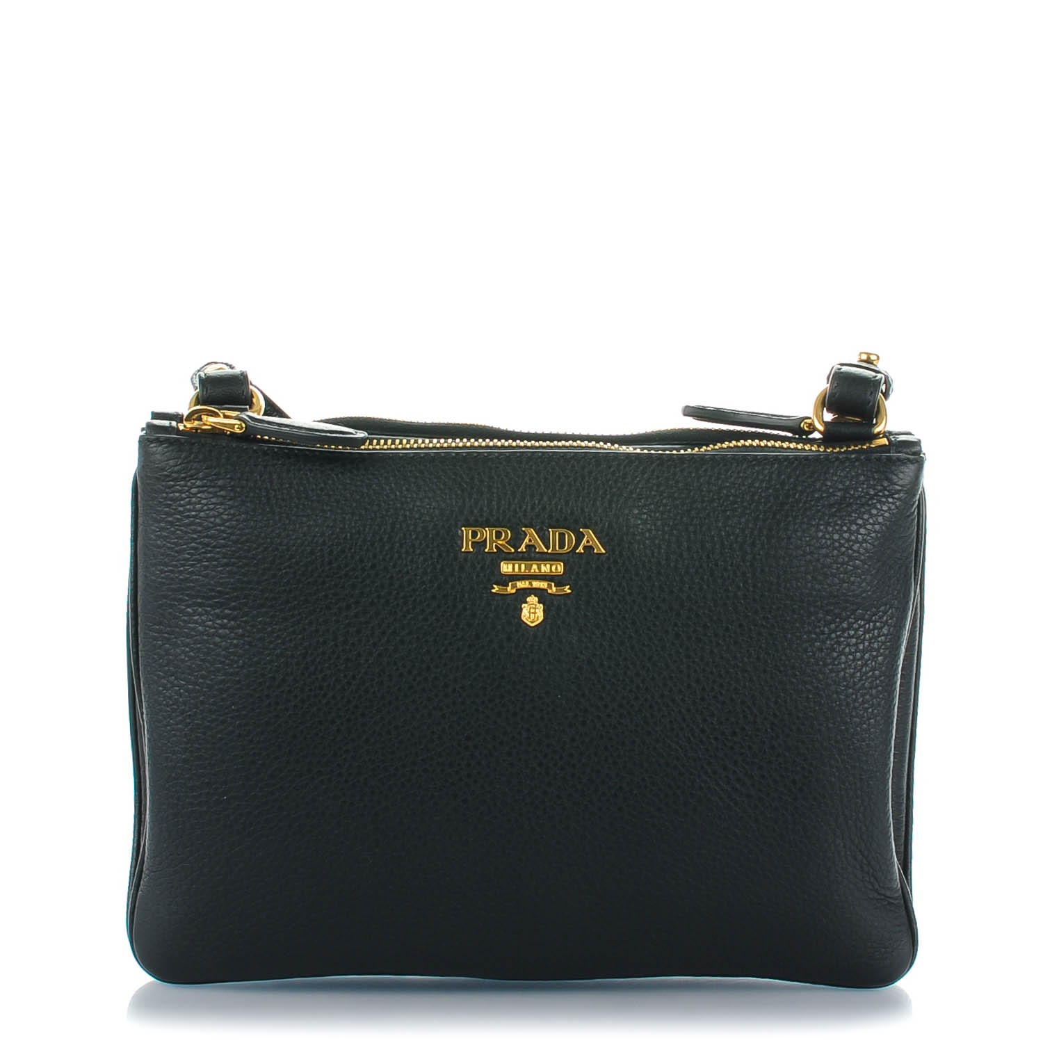 PRADA Vitello Daino Double Zip Crossbody Bag Nero Black 144675