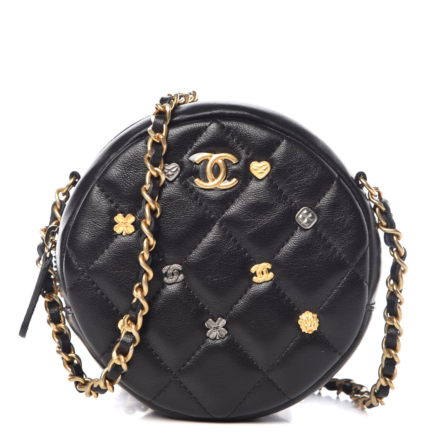 CHANEL Lambskin Quilted Studded Round Clutch With Chain Black 384530