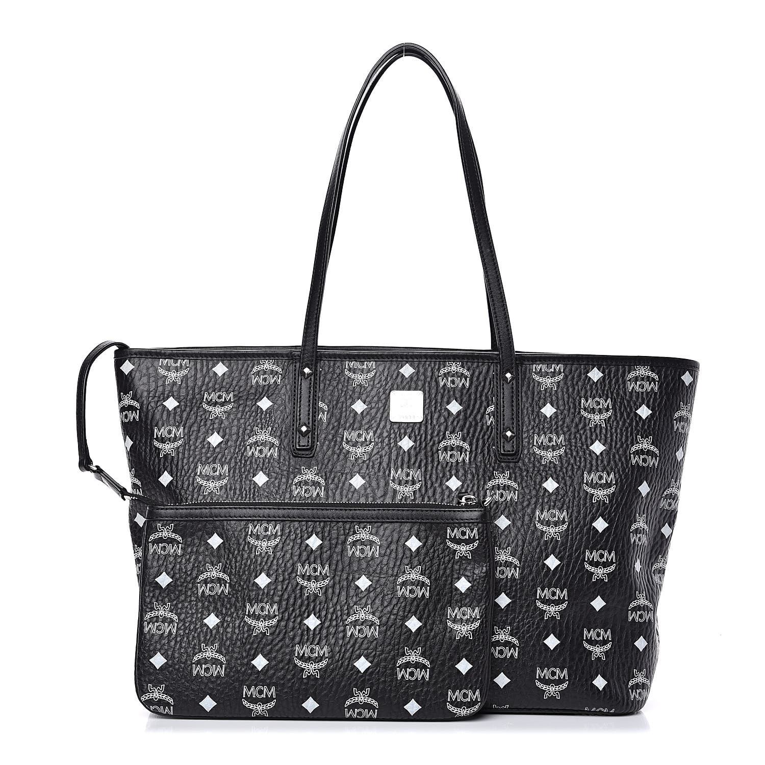 MCM Visetos Medium Anya Zip Top Shopper Tote Black 522083