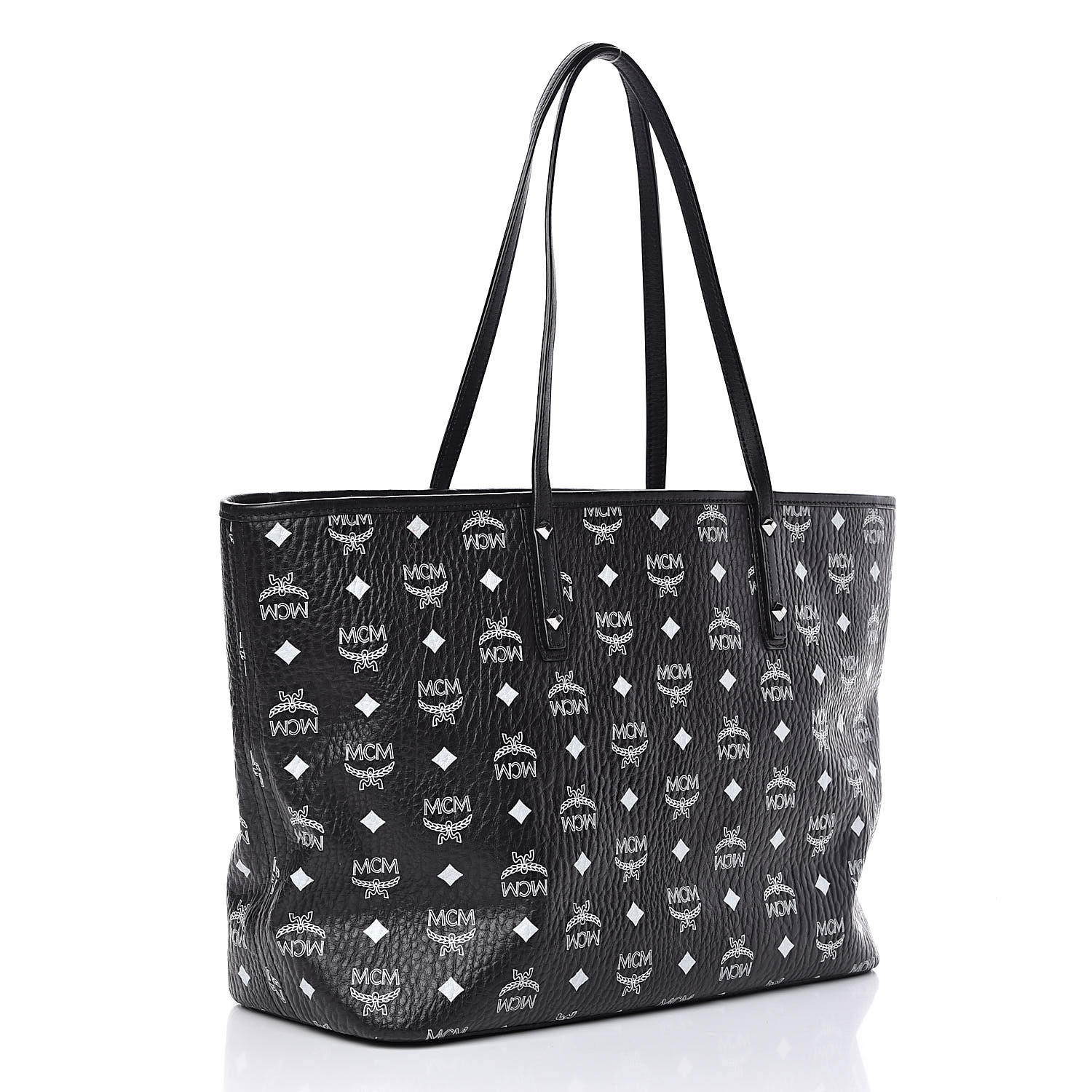 MCM Visetos Medium Anya Zip Top Shopper Tote Black 522083