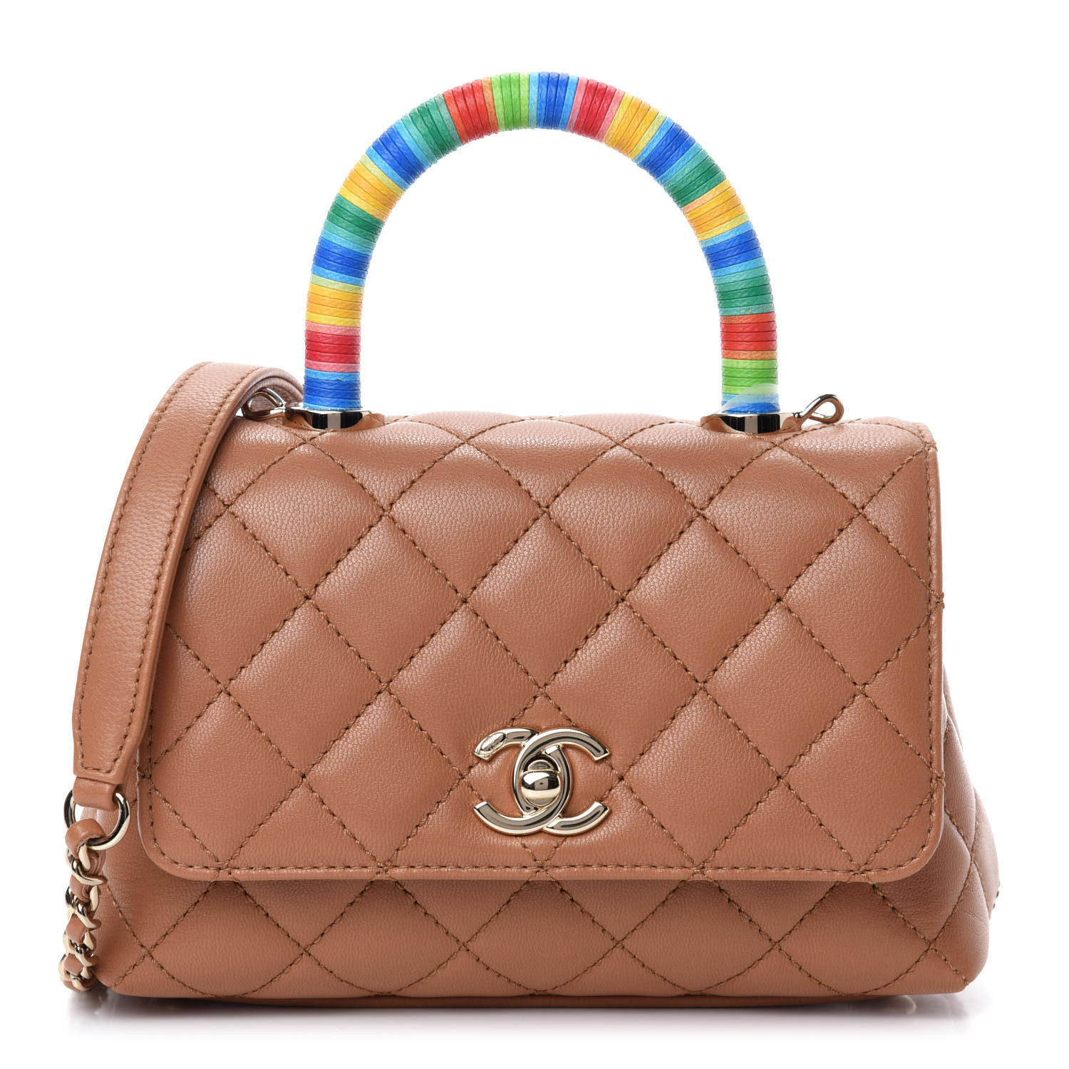 Chanel White Quilted Lambskin Rainbow Coco Handle Bag Mini Q6B4791IW9000