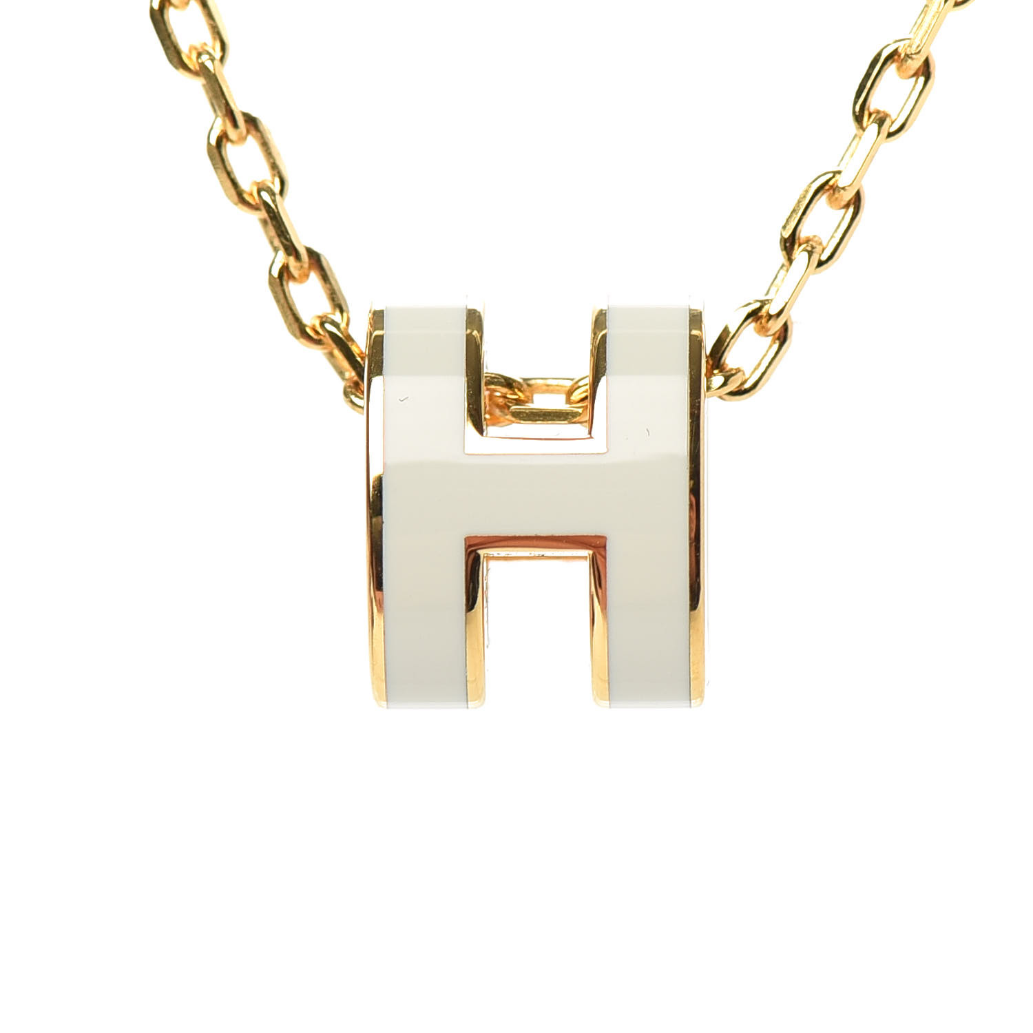 HERMES Lacquered Gold Mini Pop H Pendant Necklace White 733200