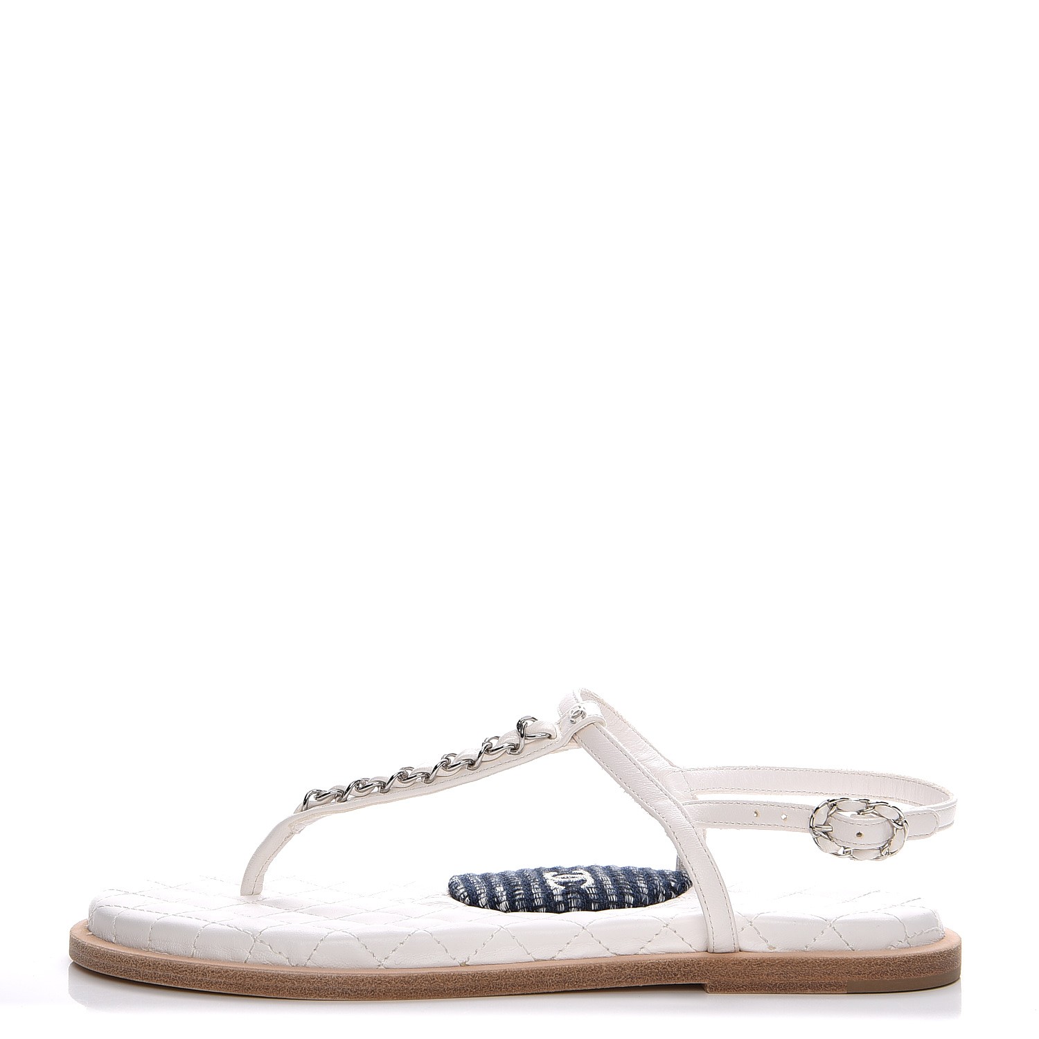 CHANEL Lambskin Tweed CC Chain Thong Sandals 37 White 209584