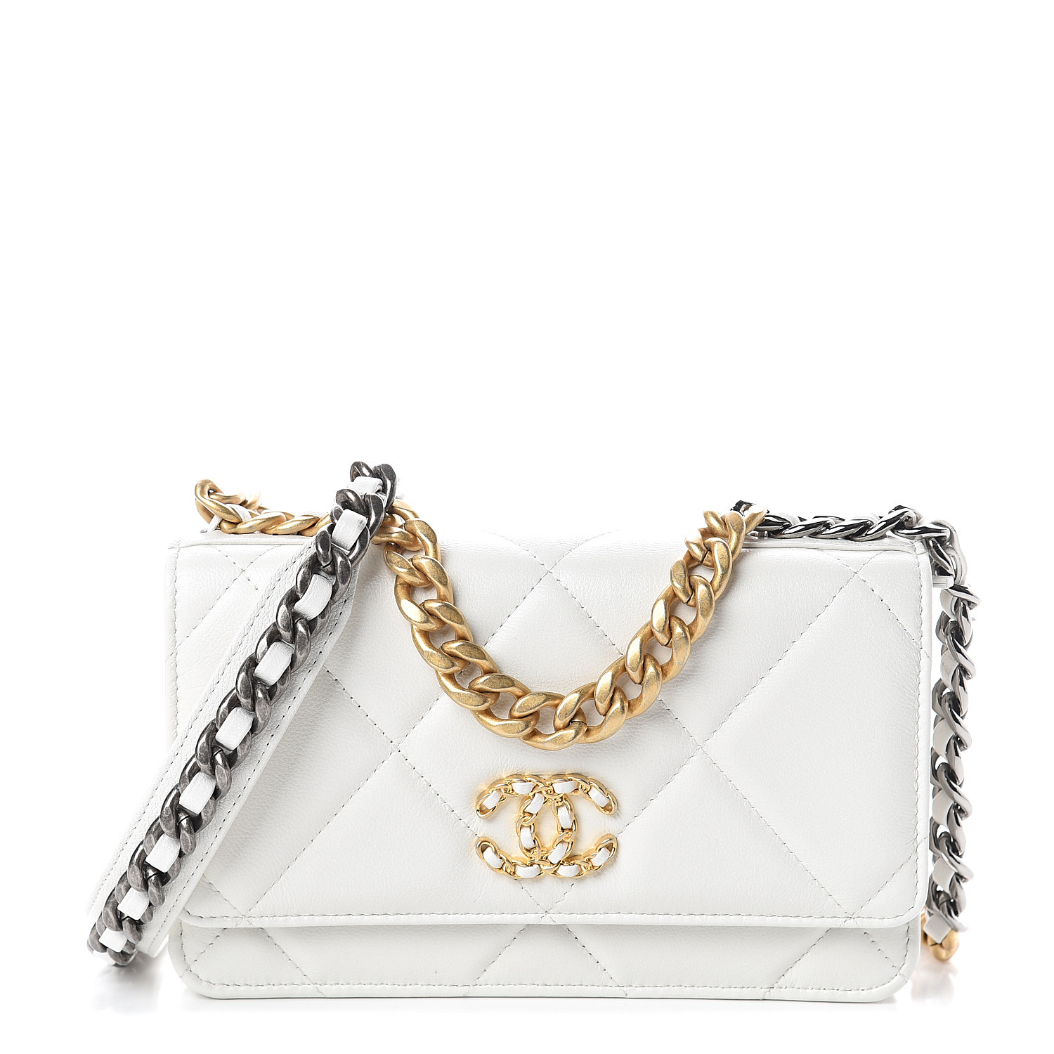 CHANEL Goatskin Quilted Chanel 19 Wallet On Chain WOC White 553817