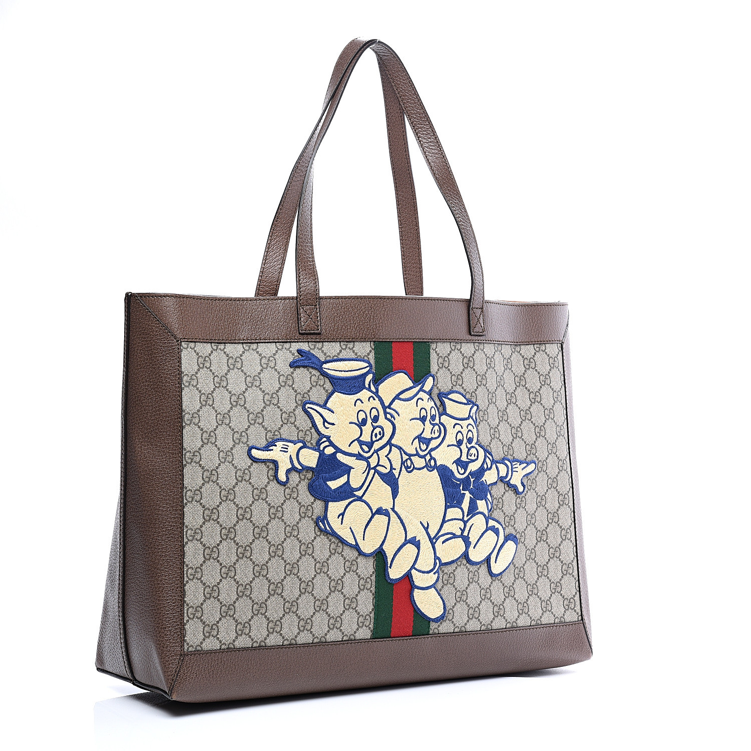 GUCCI X DISNEY GG Supreme Monogram Web Large Three Little Pigs Ophidia Tote Brown 552049