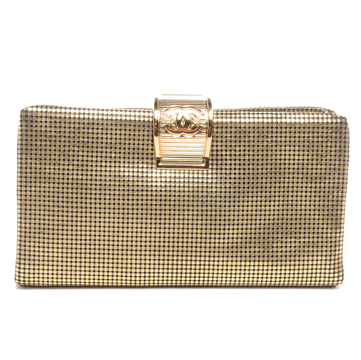 CHANEL Leather Perforated Mesh CC Clutch Metallic Gold 55930
