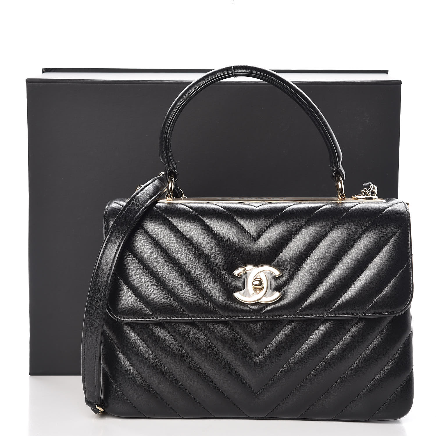 CHANEL Lambskin Chevron Quilted Small Trendy CC Dual Handle Flap Bag Black 360756