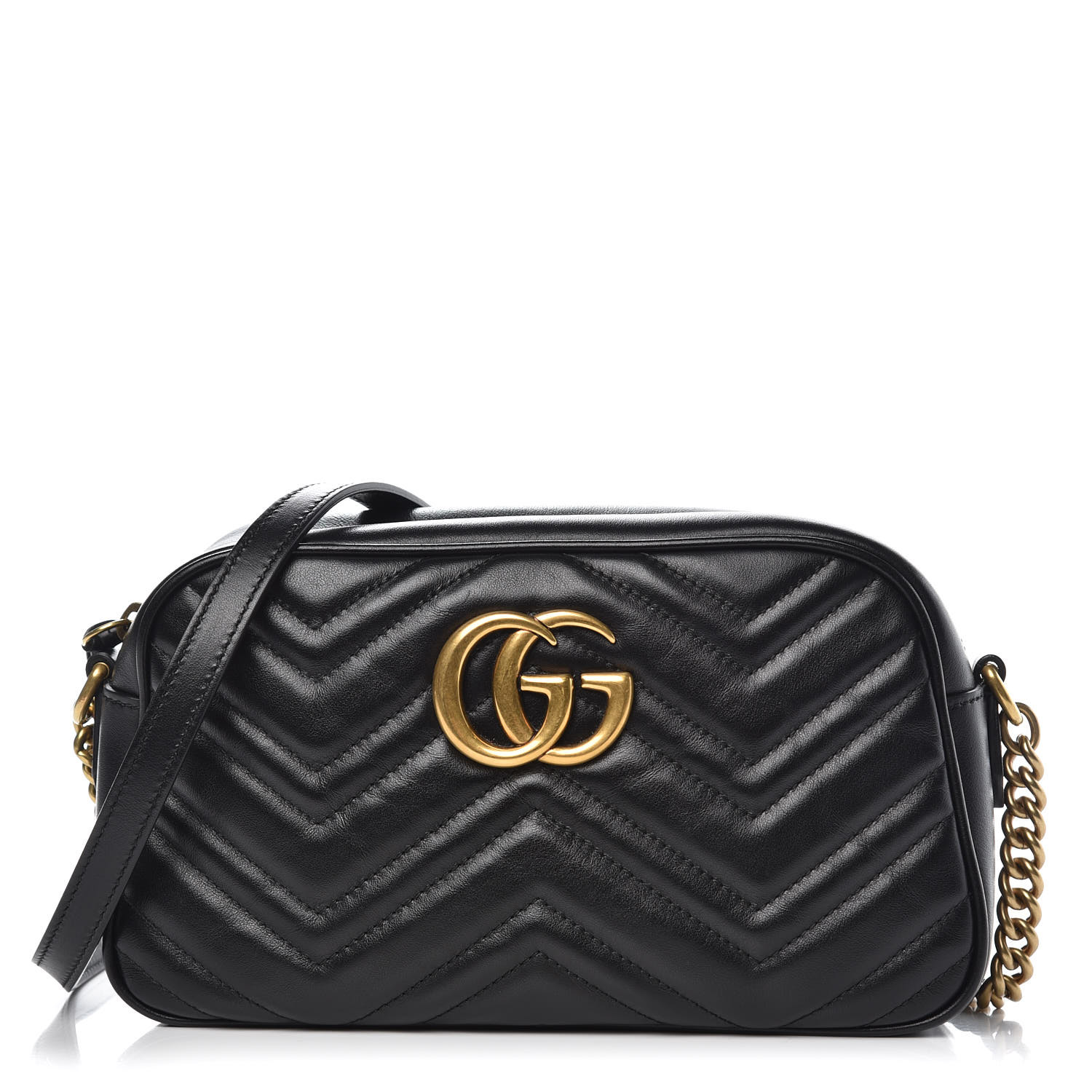 GUCCI Calfskin Matelasse Small GG Marmont Chain Shoulder Bag Black 355099